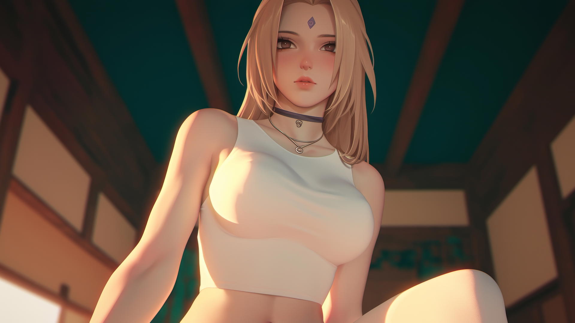 Tsunade from Naruto kneeling with brown eyes and straight blonde hair.