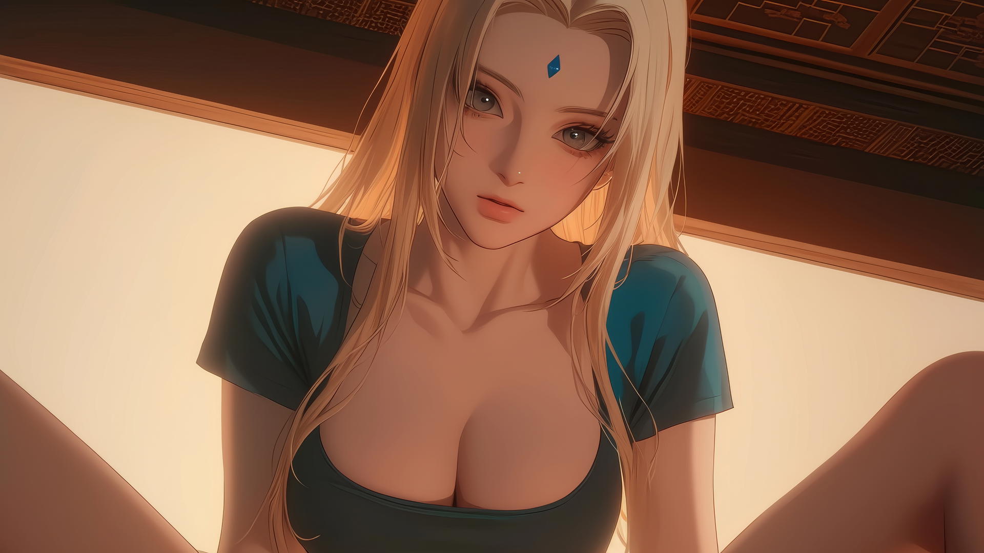 Tsunade from Naruto kneeling and leaning forward, seen from below with a ceiling background