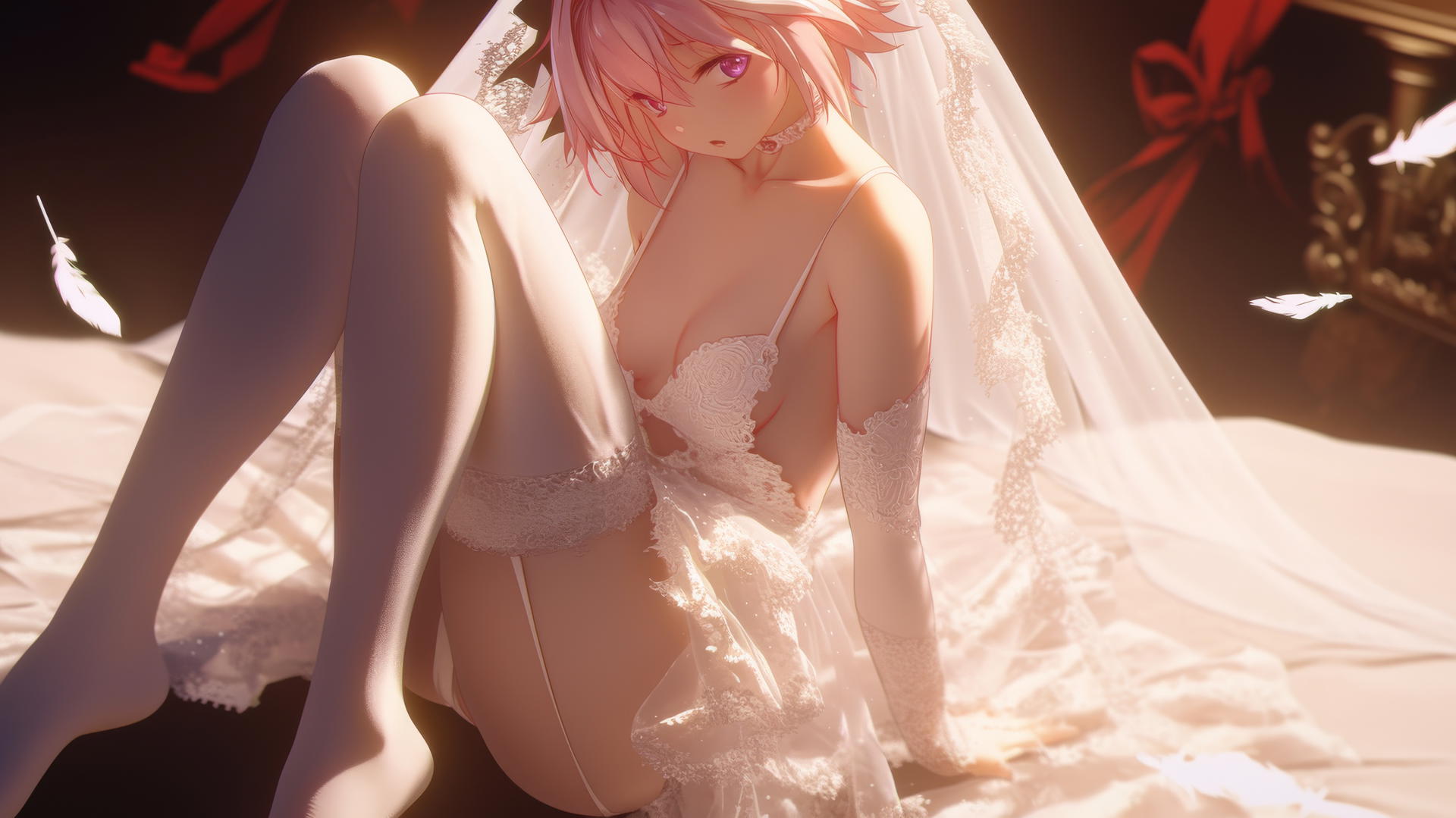 Astolfo in a wedding dress, kneeling, leaning and looking down, warm light