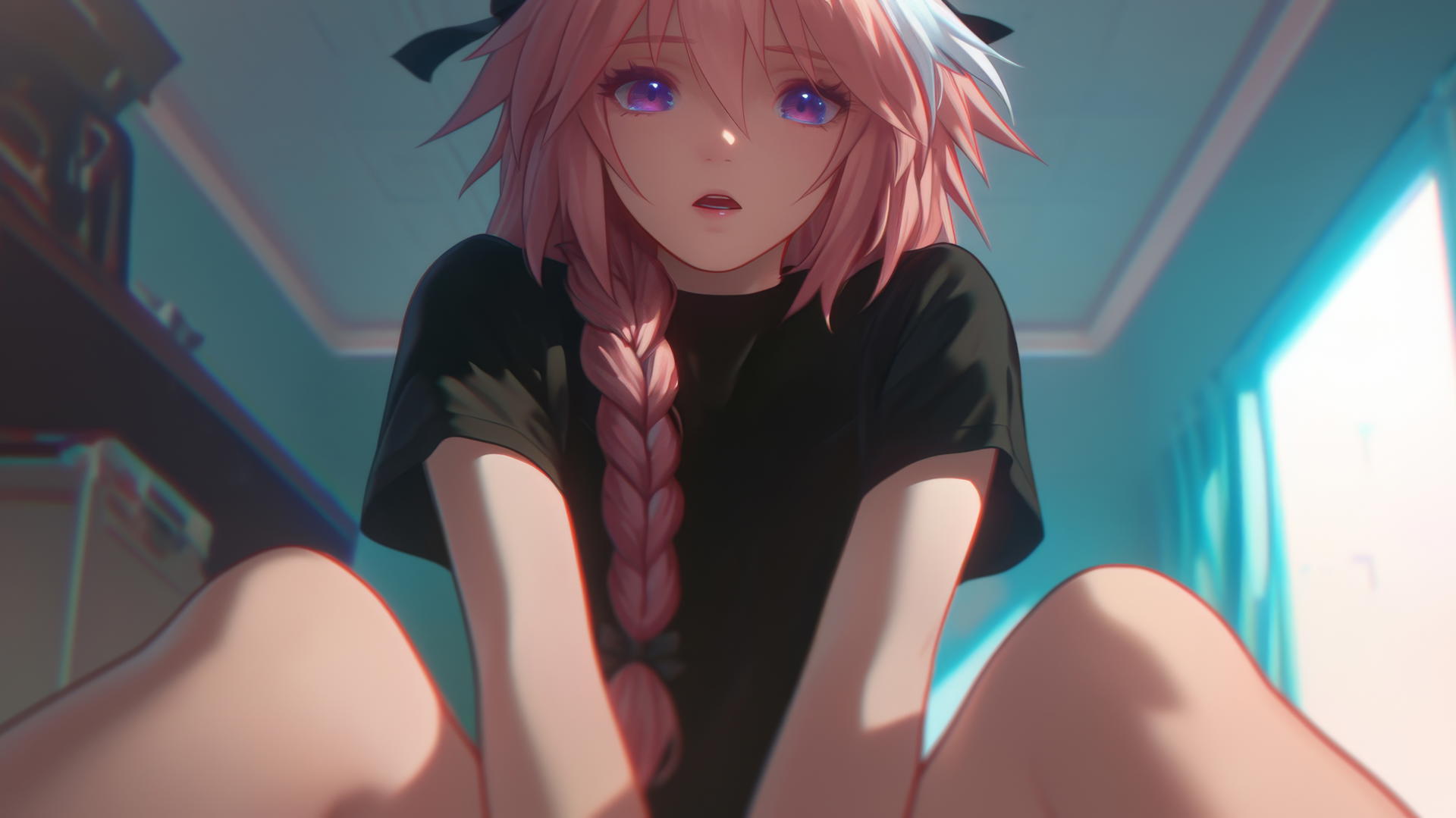 Astolfo from Type Moon kneeling, gazing down in warm light