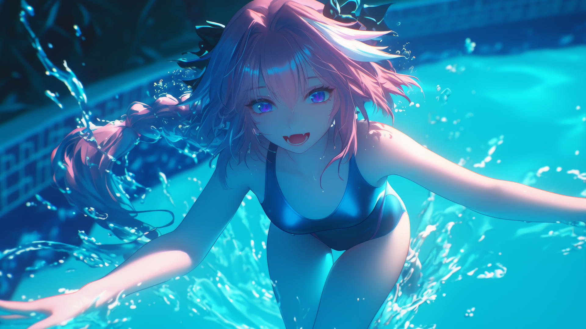 Astolfo from Type Moon jumps out of a swimming pool under moonlight.