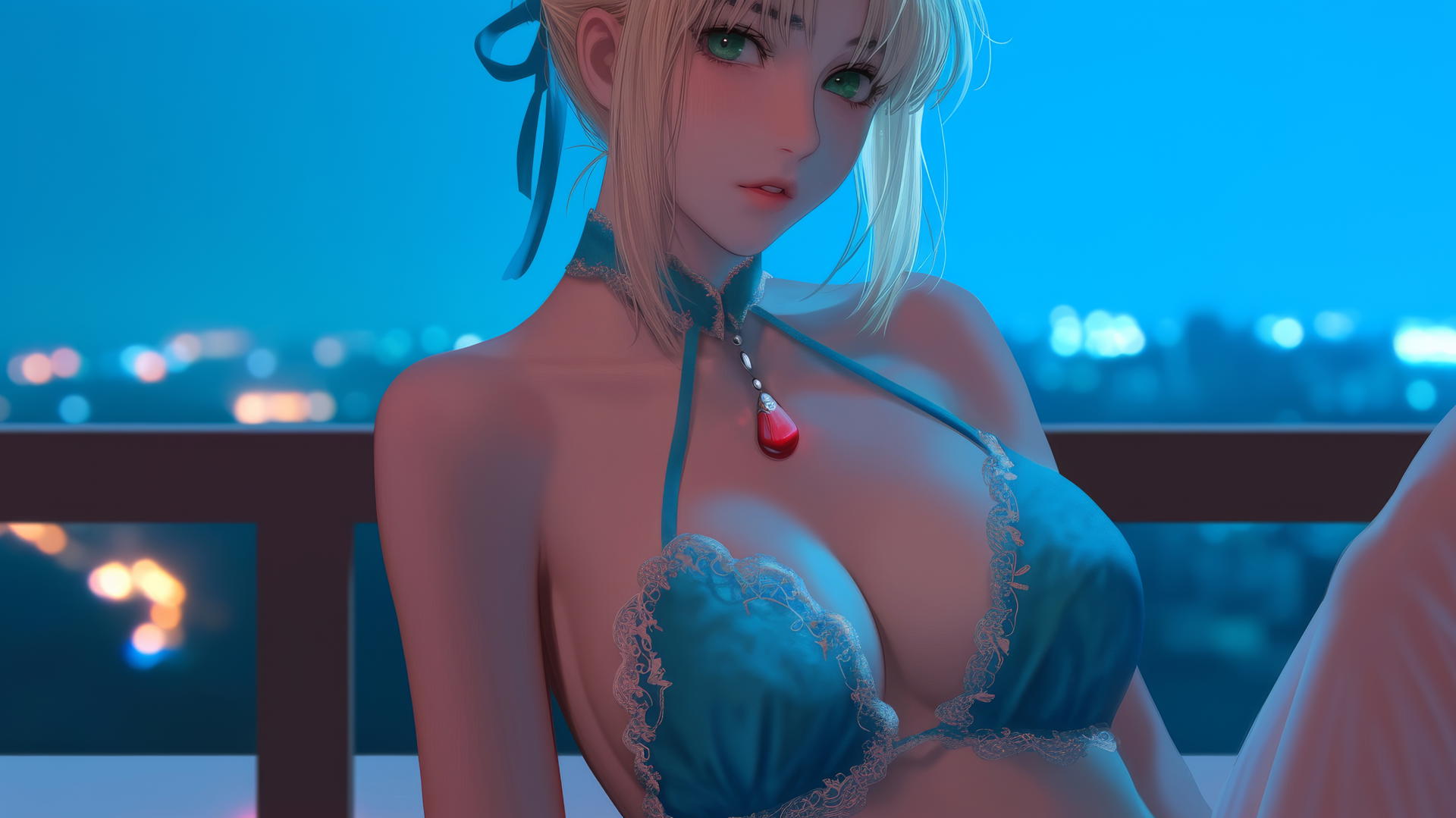 Saber from Fate Zero with green eyes, sitting in a modern hotel room with moonlight glow