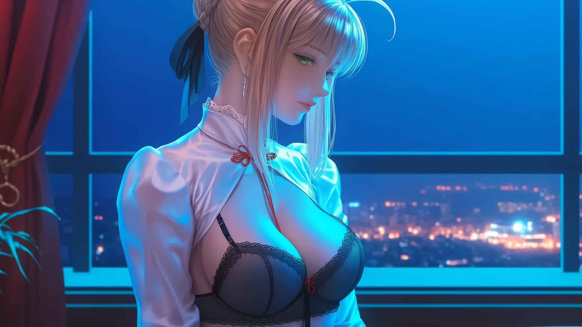 Saber from Fate Zero sitting leisurely in a modern hotel room with moonlight glow