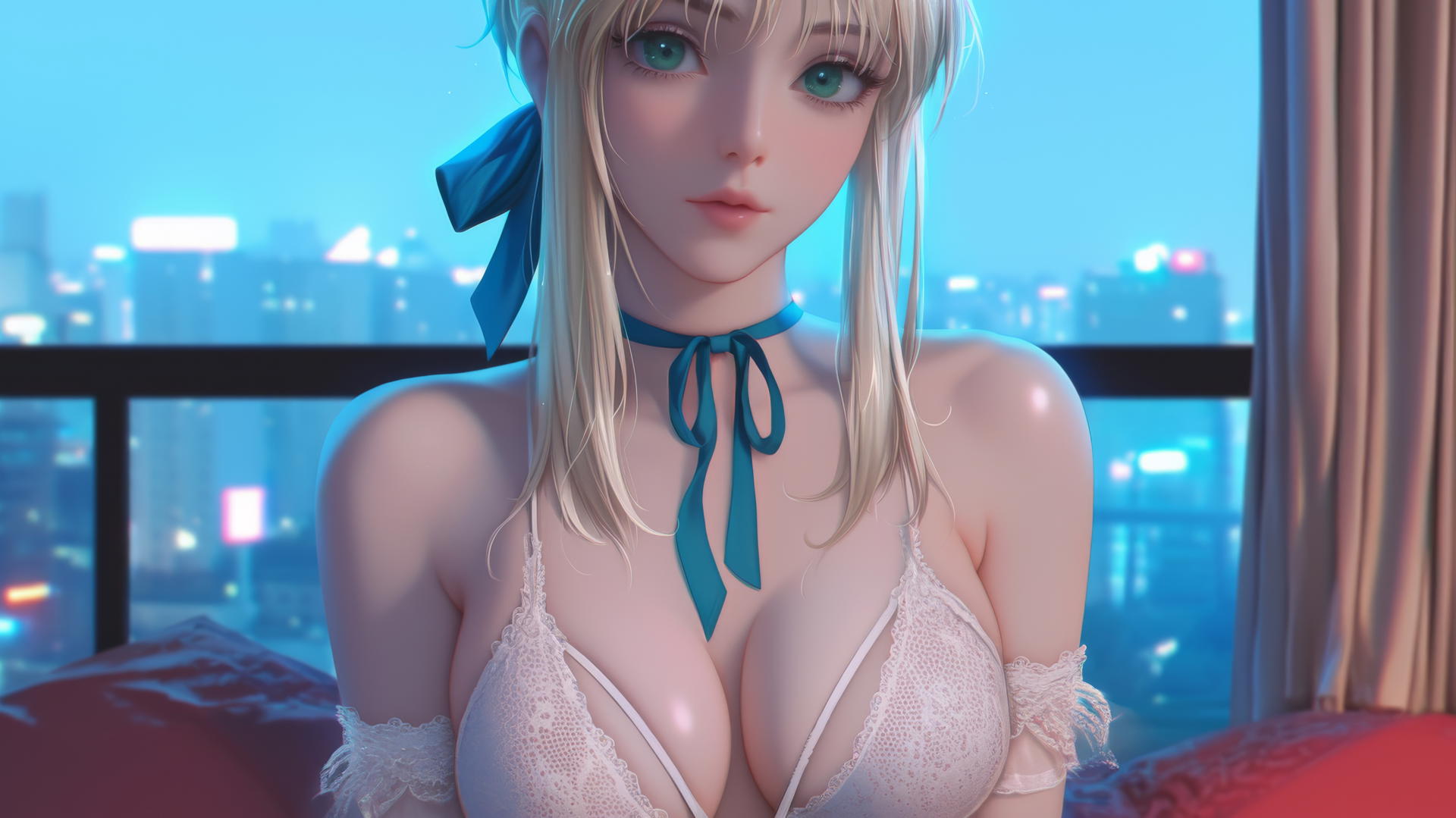 Saber from Fate Zero with green eyes, sitting in a modern hotel room under moonlight.