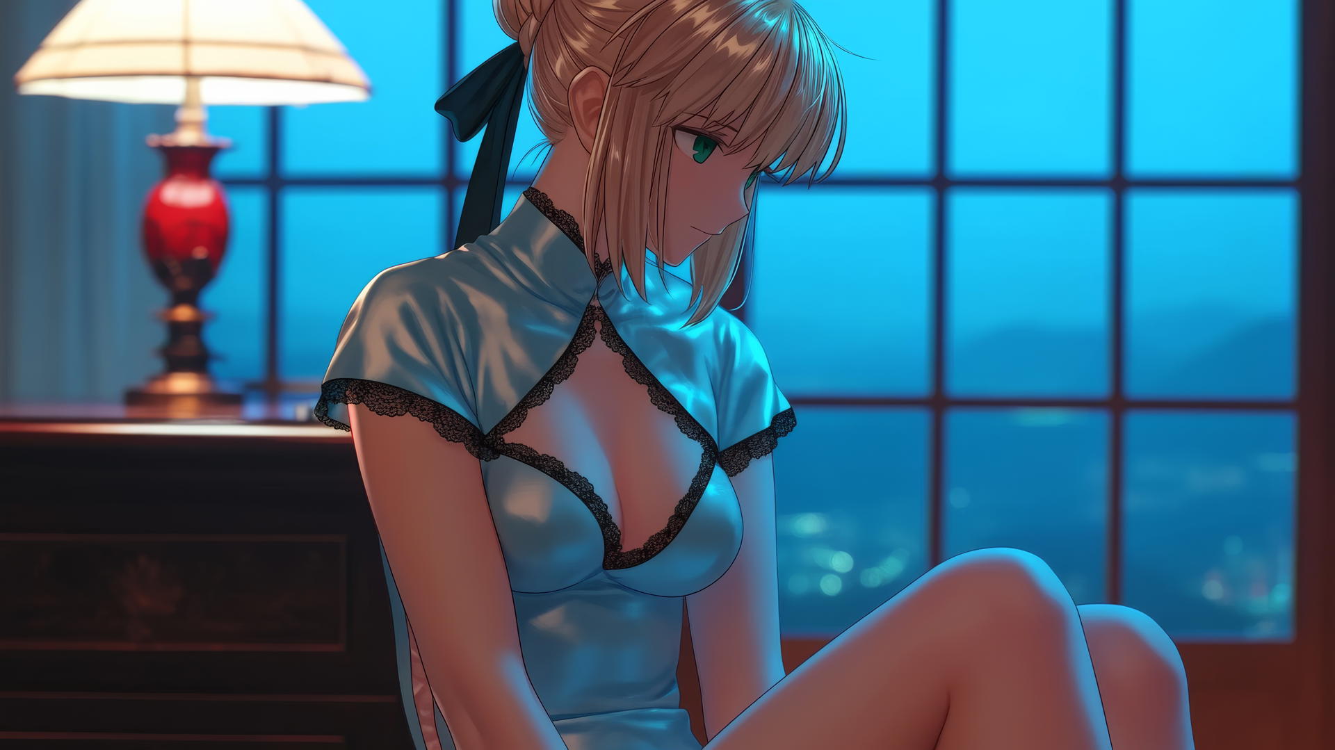 Saber from Fate Zero with green eyes, sitting leisurely in a modern hotel room illuminated by moonlight.