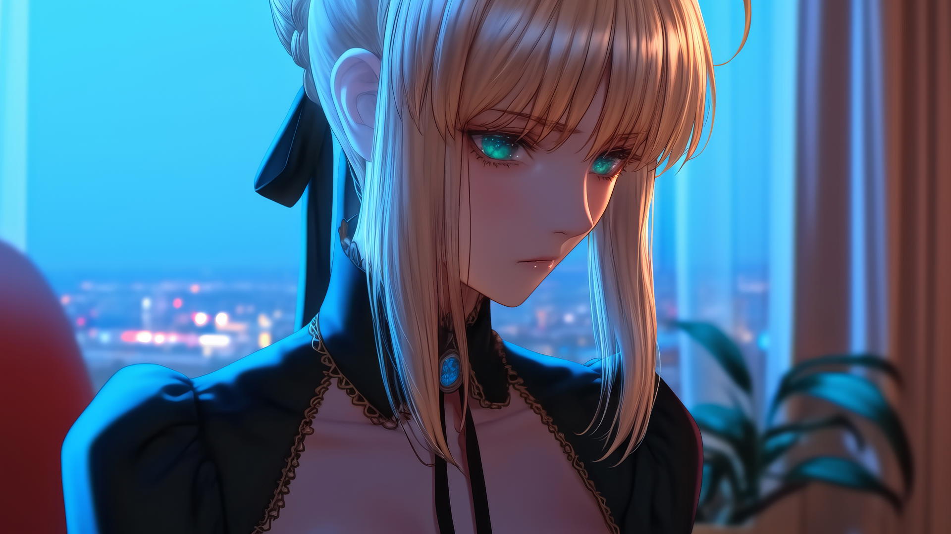 Saber from Fate Zero with green eyes sitting leisurely in a modern hotel room with moonlight casting a soft glow on her.
