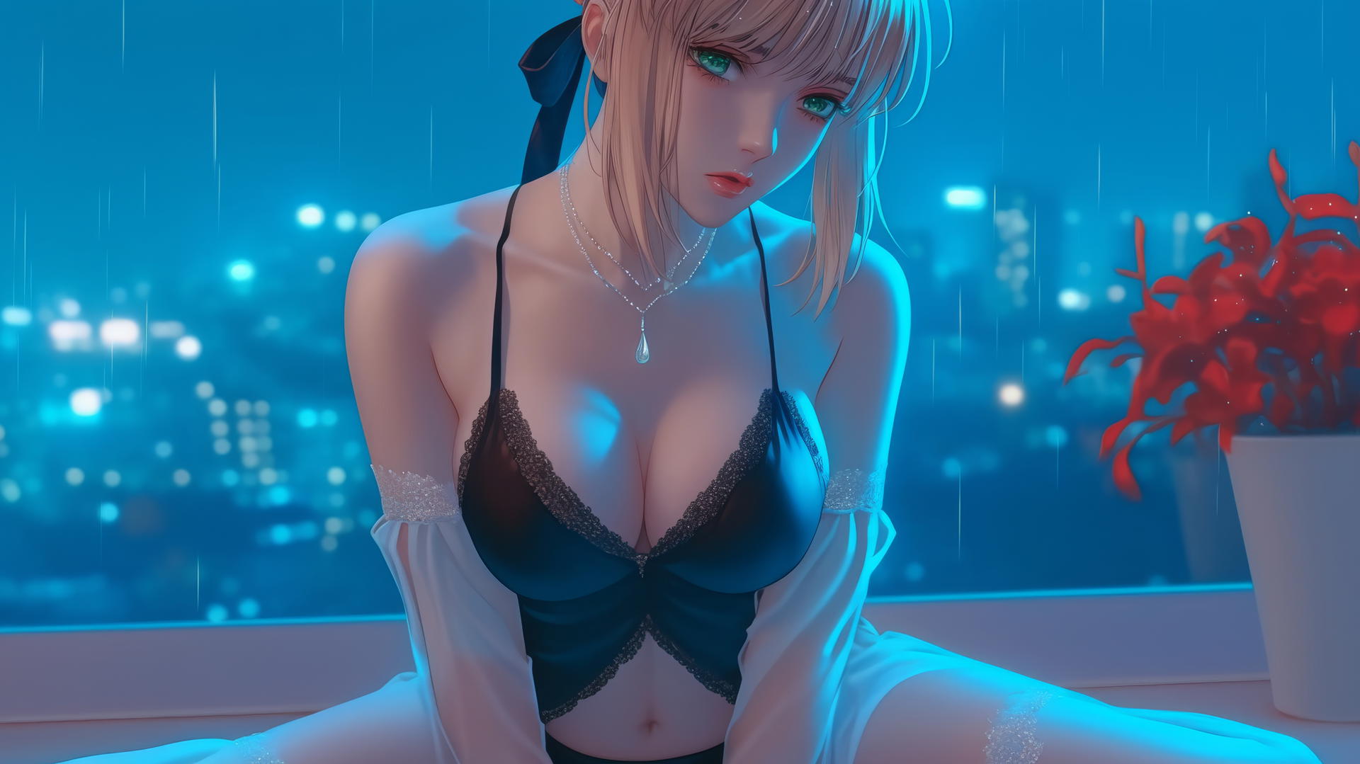 Saber from Fate Zero with green eyes kneeling in a modern hotel room, illuminated by soft moonlight.