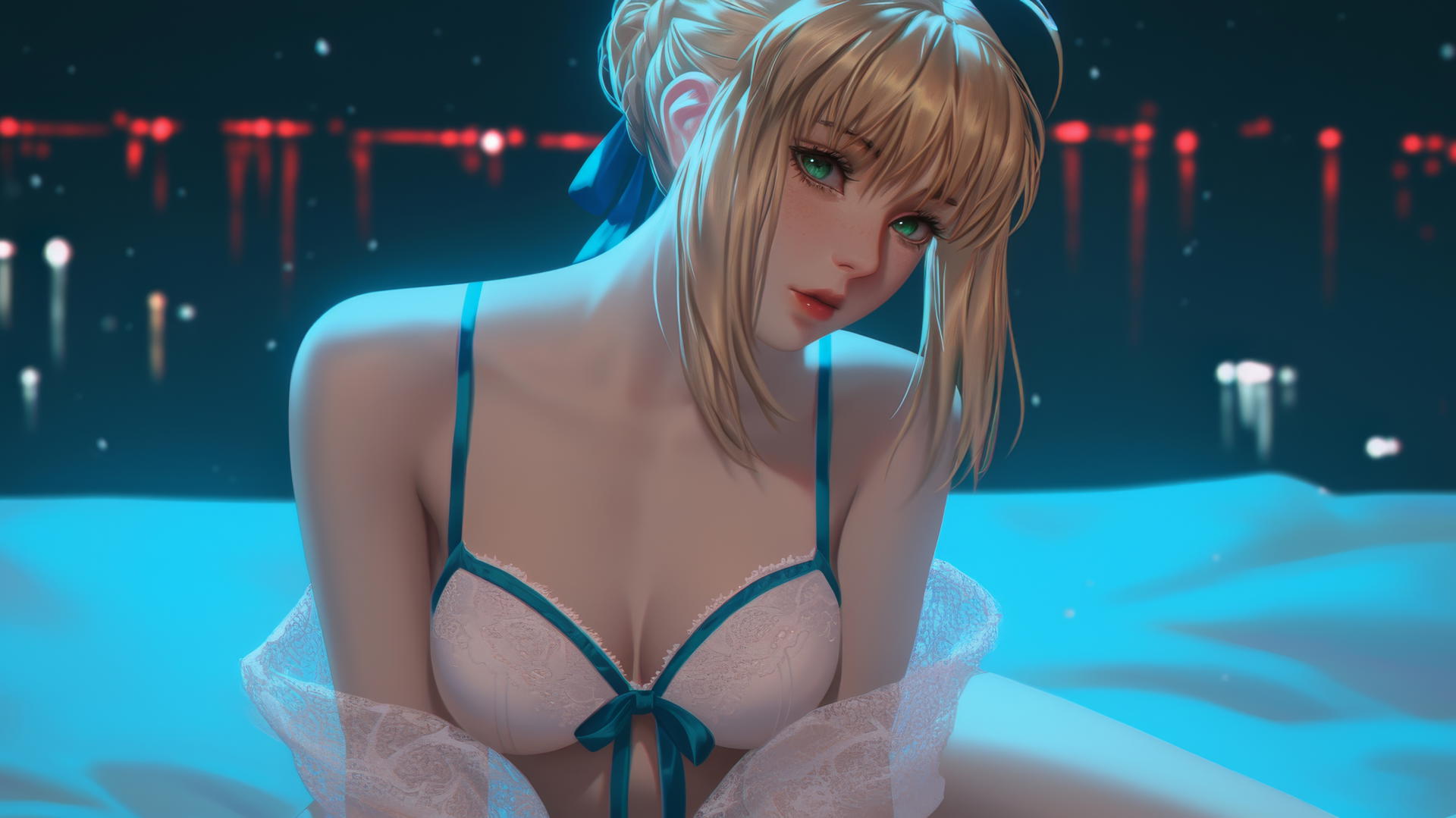 Saber from Fate Zero with green eyes, kneeling in a modern hotel room under moonlight.