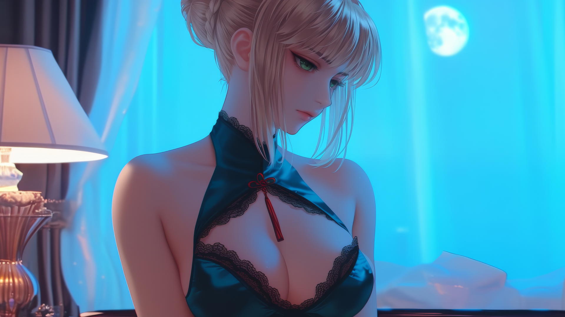 Saber from Fate Zero kneeling in a modern hotel room with moonlight casting a soft glow.