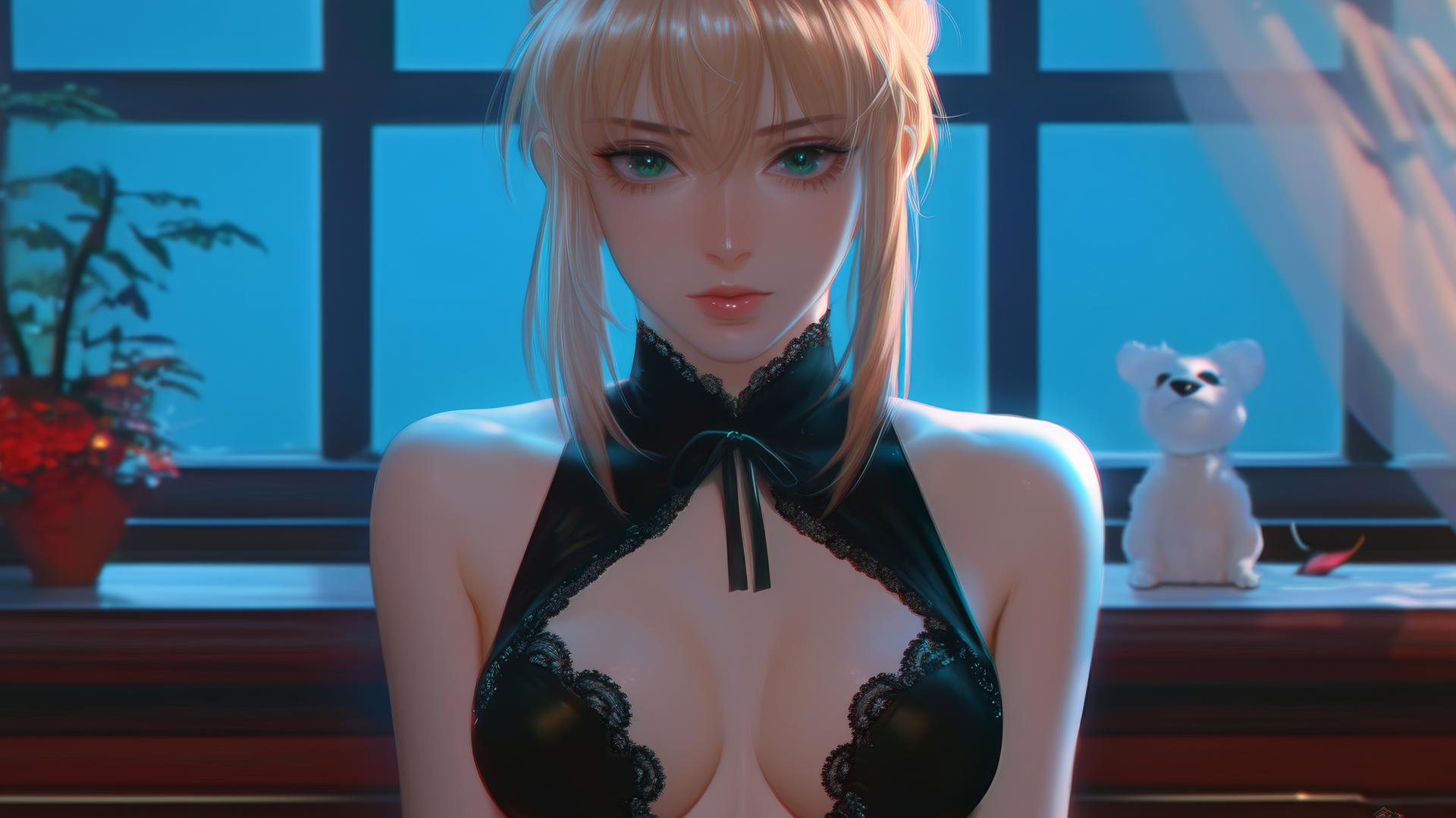 Saber from Fate Zero, with green eyes, kneeling in a modern hotel room illuminated by moonlight.
