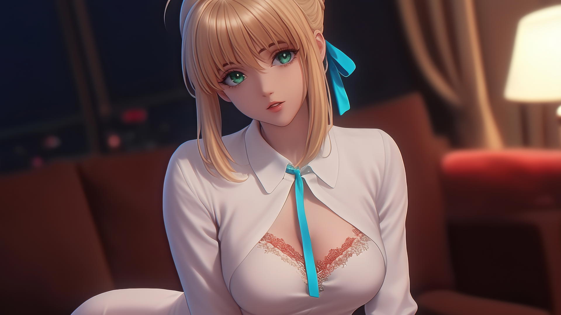 Saber from Fate Zero with green eyes, kneeling in a modern hotel room under moonlight.