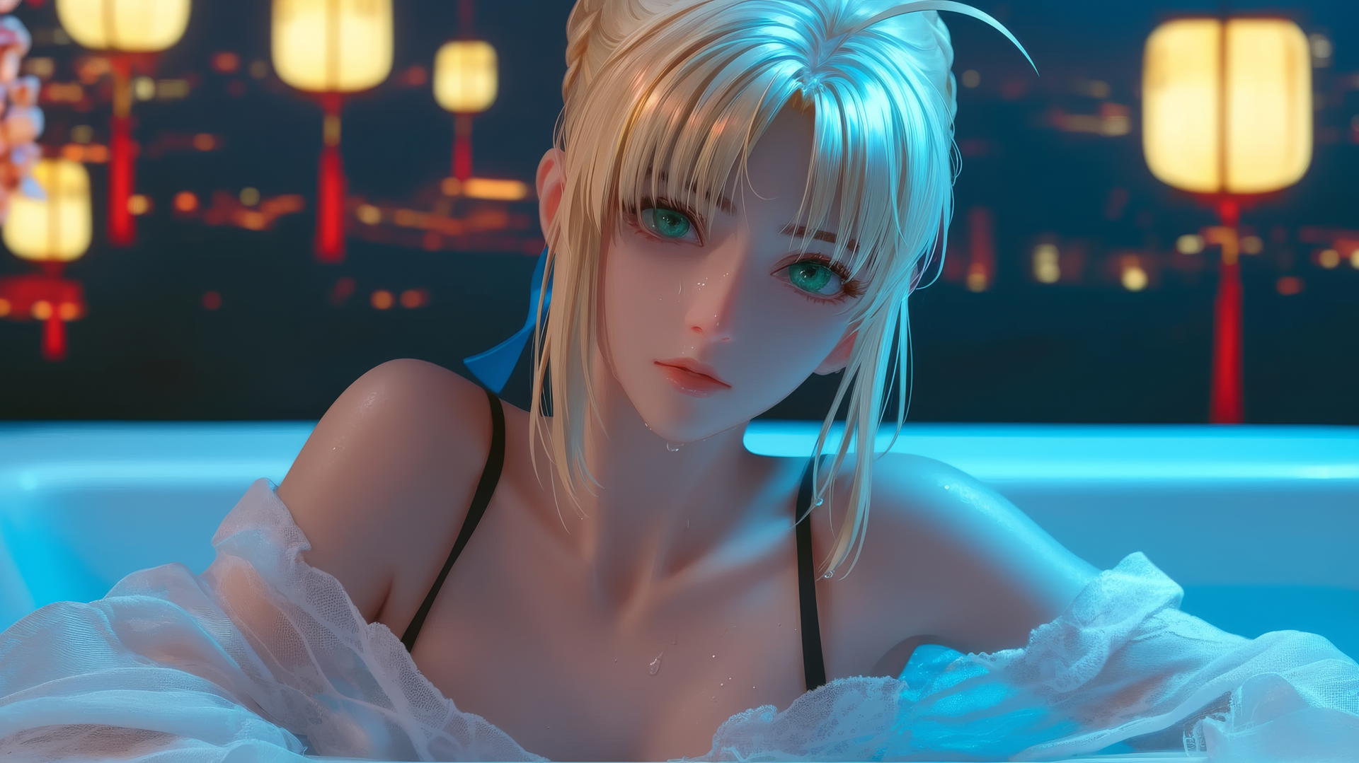 Saber from Fate Zero with green eyes, resting in a tub, illuminated by neon light.