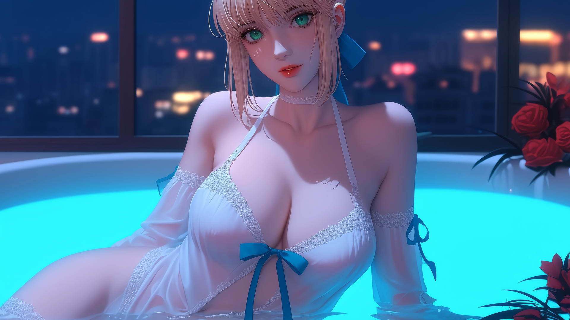 Saber from Fate Zero with green eyes, resting in a tub in a modern apartment under neon light.