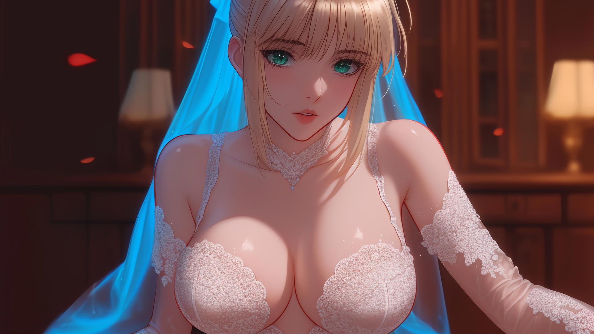 Saber from Fate Zero in wedding dress kneeling and leaning forward, green eyes, warm light