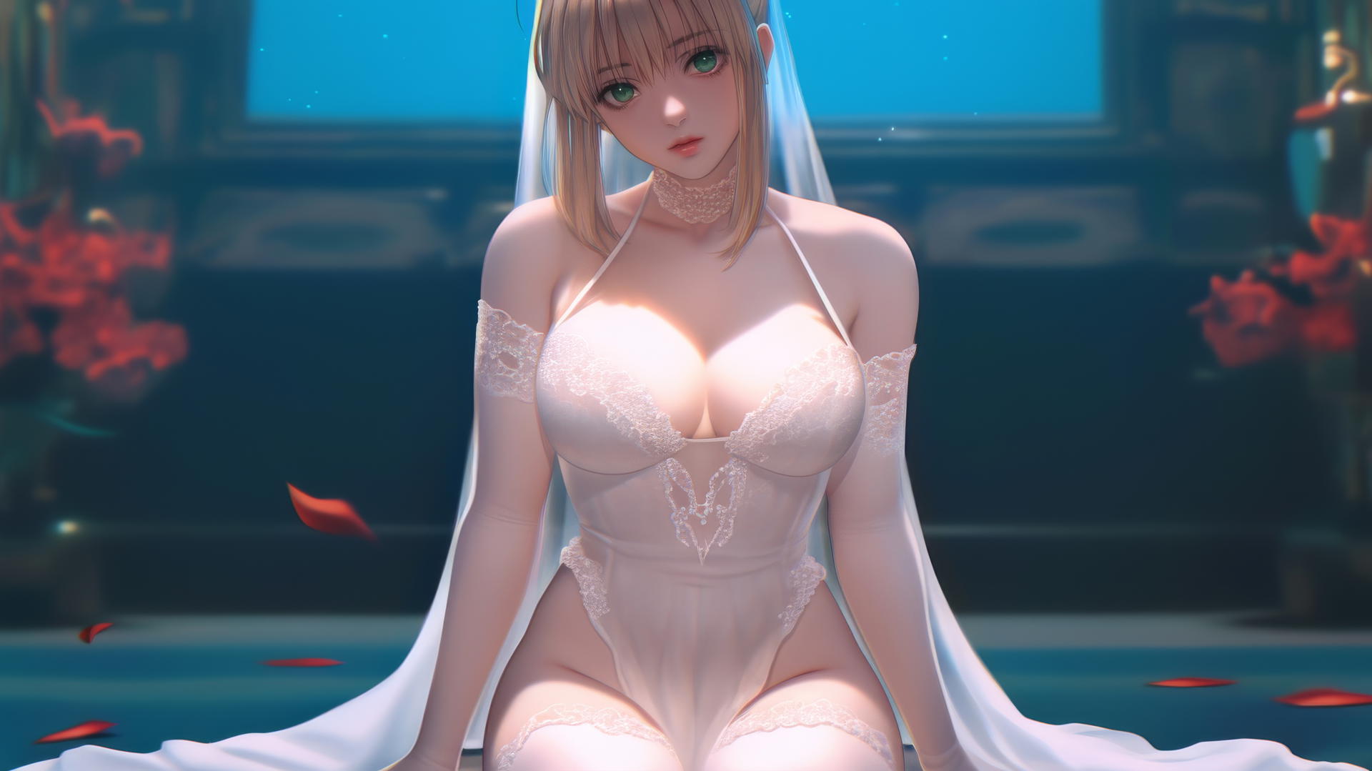 Saber from Fate Zero in a wedding dress, kneeling, leaning, and looking down with green eyes