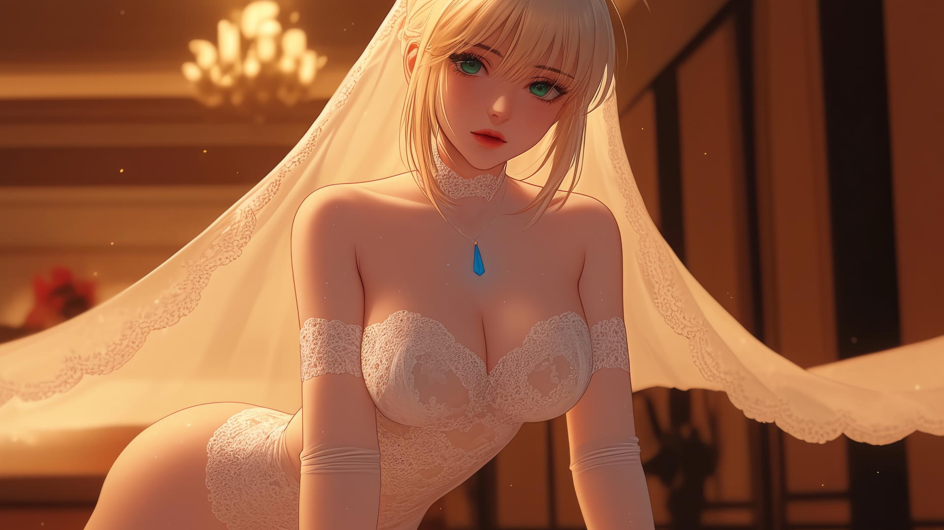 Saber from Fate Zero in wedding dress, kneeling, warm light, ceiling background