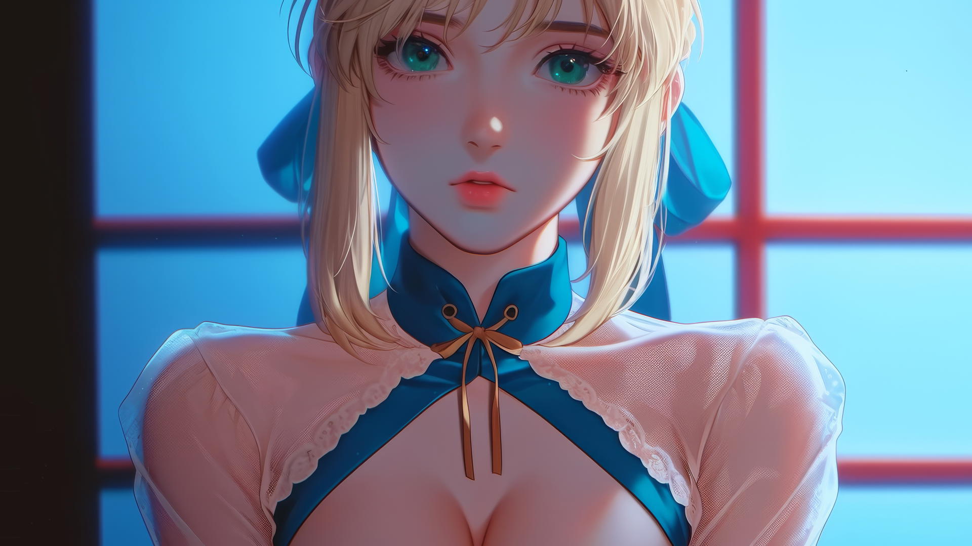 Saber from Fate Zero kneeling and leaning toward viewer, green eyes, ceiling background, warm light
