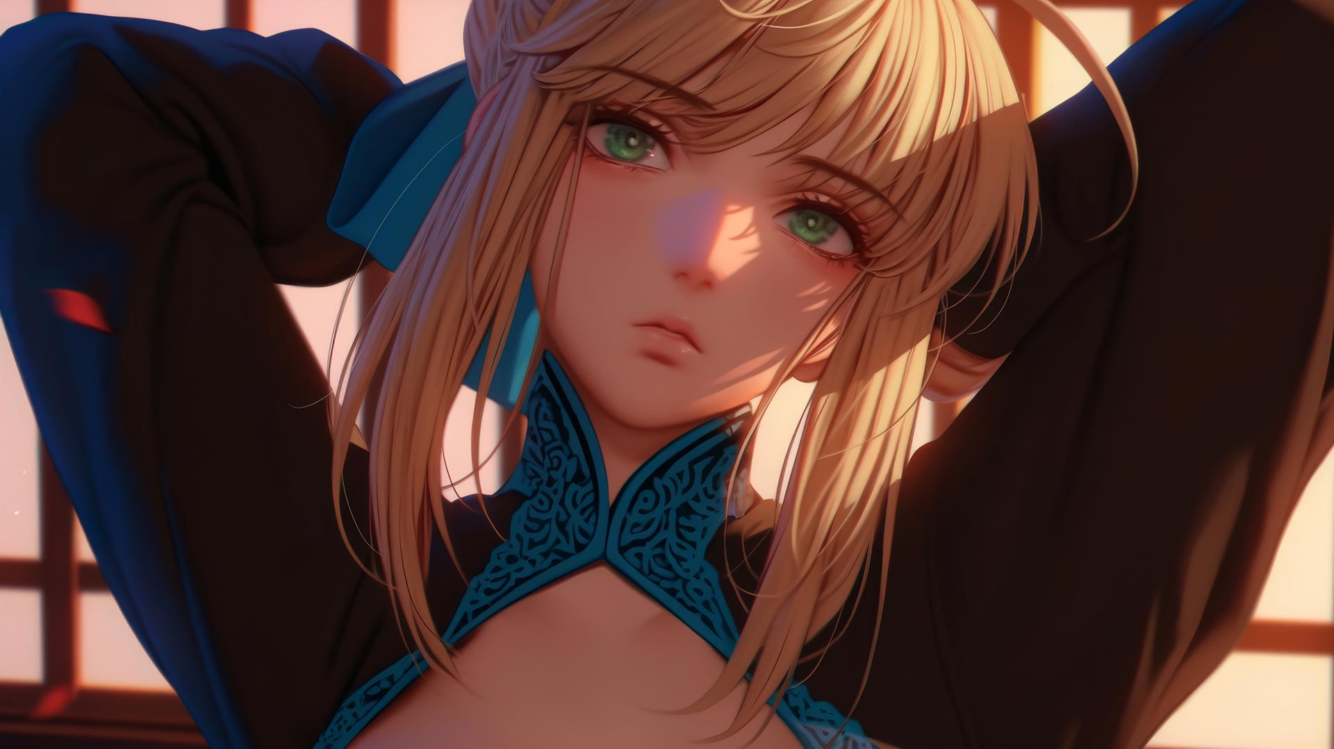 Saber from Fate Zero kneeling and leaning with green eyes, ceiling in background