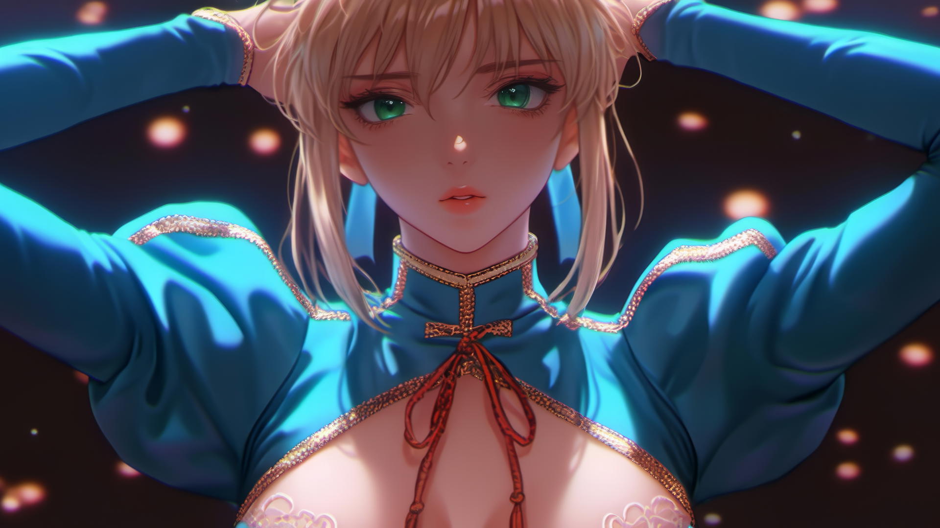 Saber from Fate Zero kneeling and leaning forward with green eyes, warm light glow