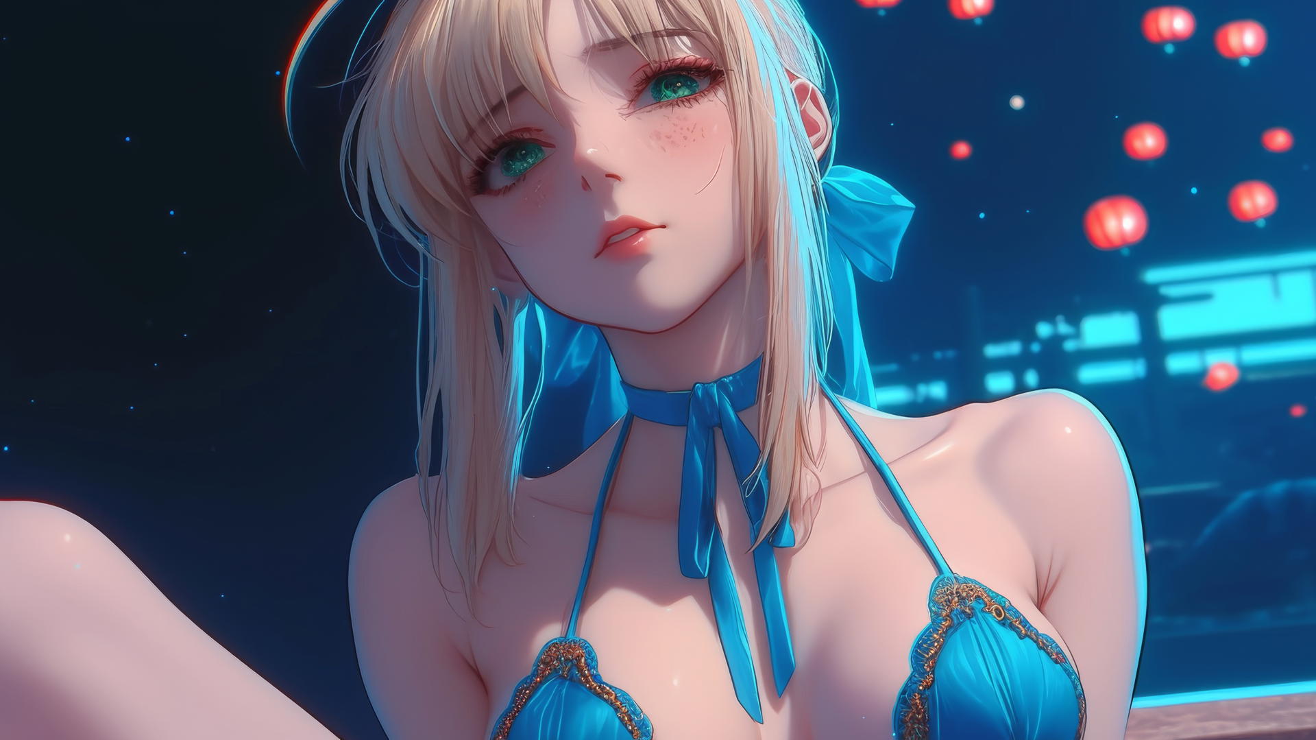 Saber from Fate Zero kneeling and leaning, seen from below, in warm light.