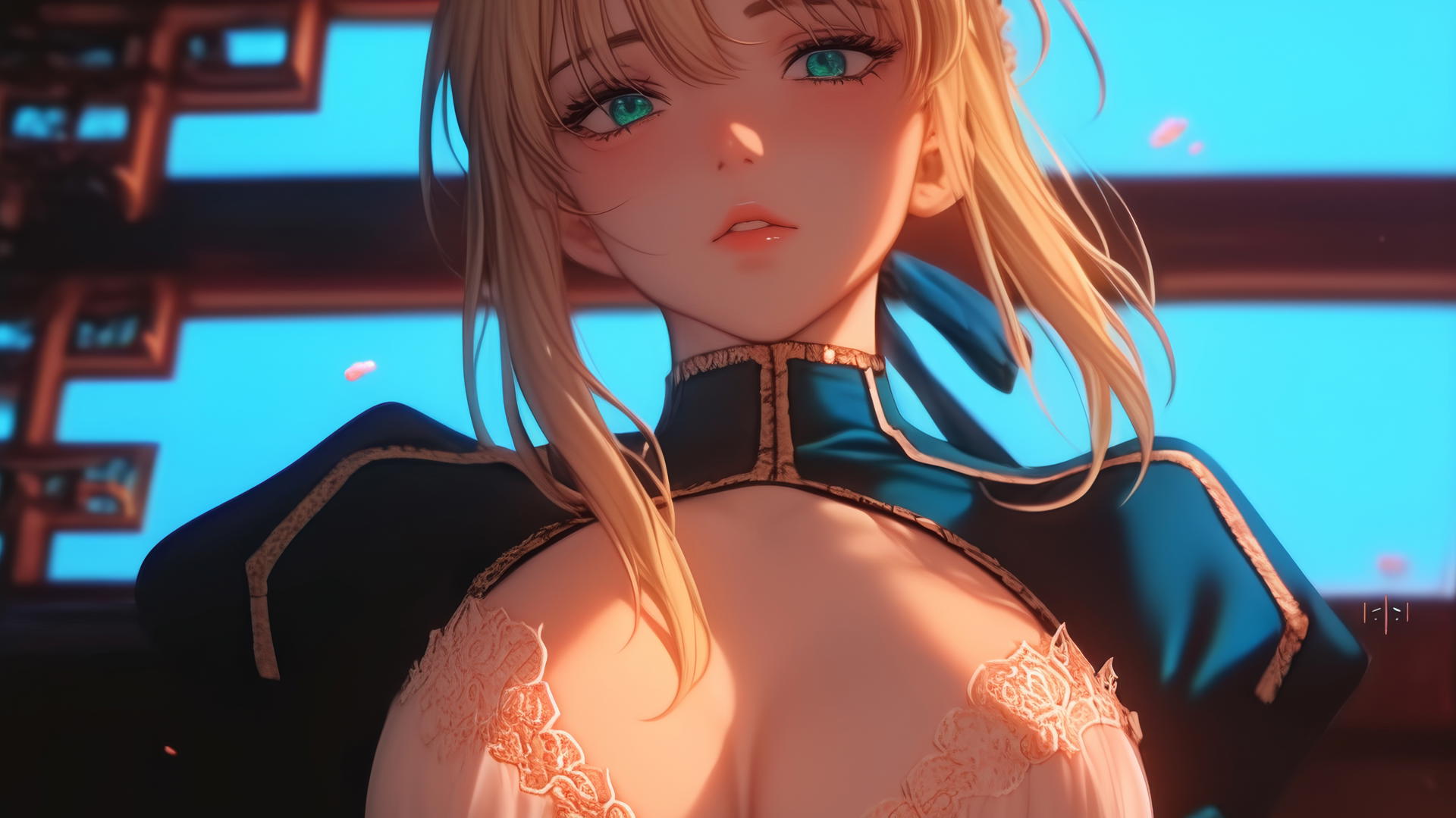 Saber from Fate Zero kneeling and leaning forward, green eyes, warm light, ceiling background