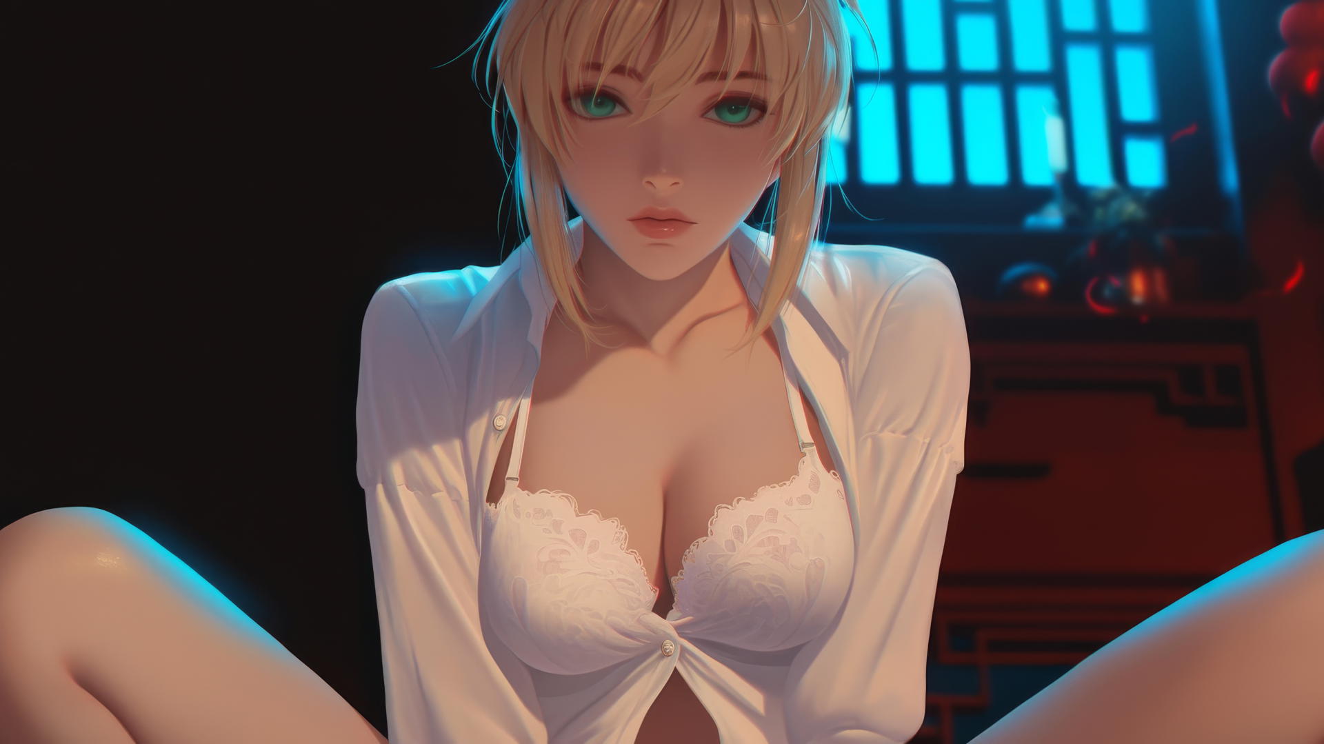 Saber from Fate Zero, green eyes, kneeling and leaning towards viewer under warm light, ceiling background.