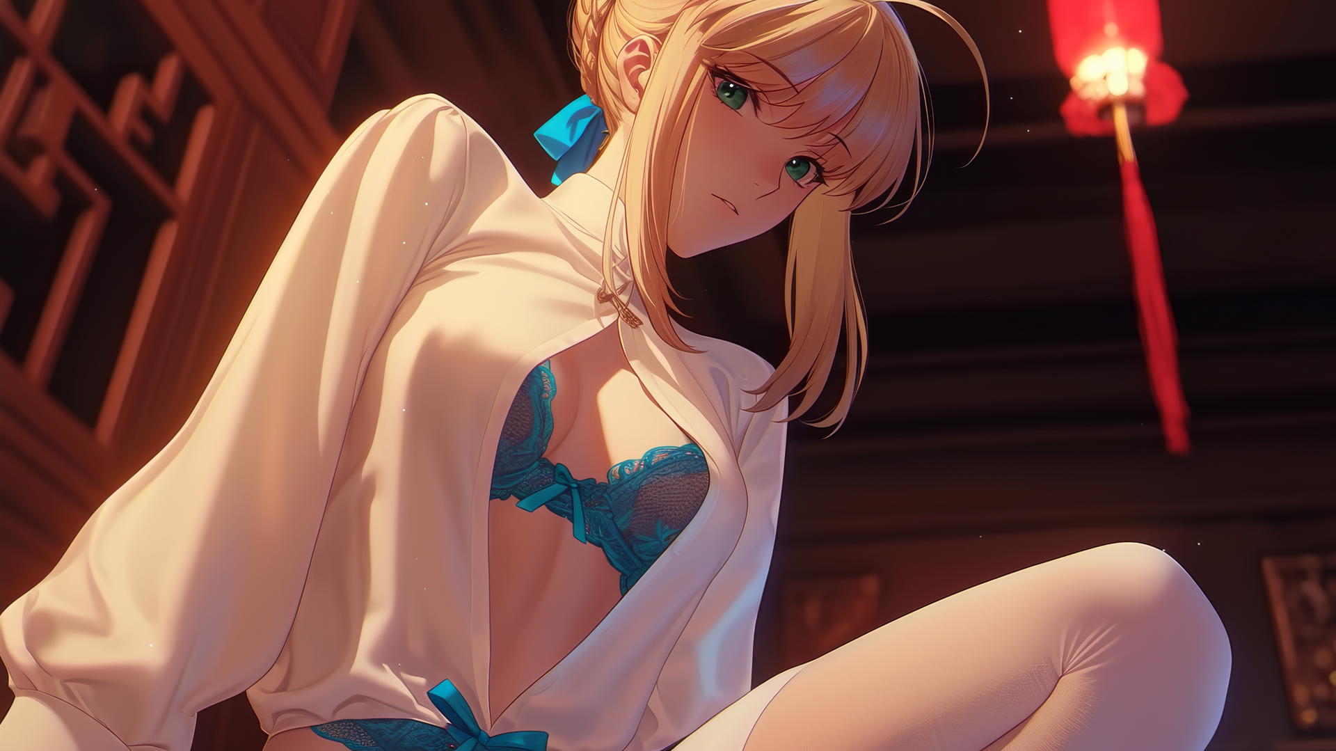 Saber from Fate Zero kneeling and leaning forward with green eyes under warm light, ceiling behind.