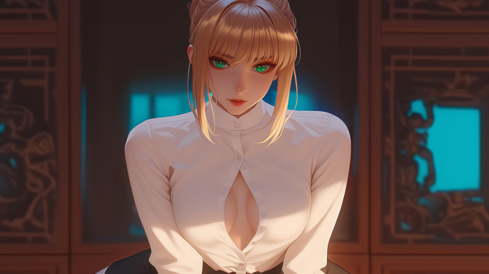 Saber from Fate Zero kneeling and leaning toward viewer, green eyes, warm light, ceiling in background.