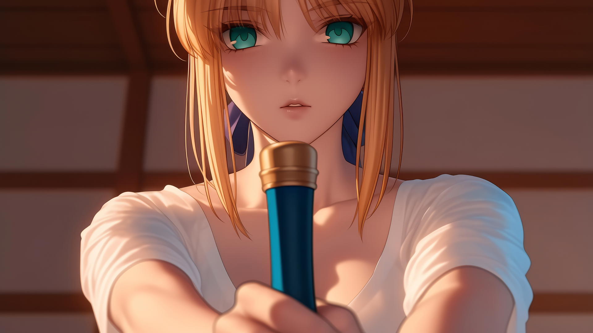Saber from Fate Zero kneeling and leaning with warm light and green eyes, seen from below.