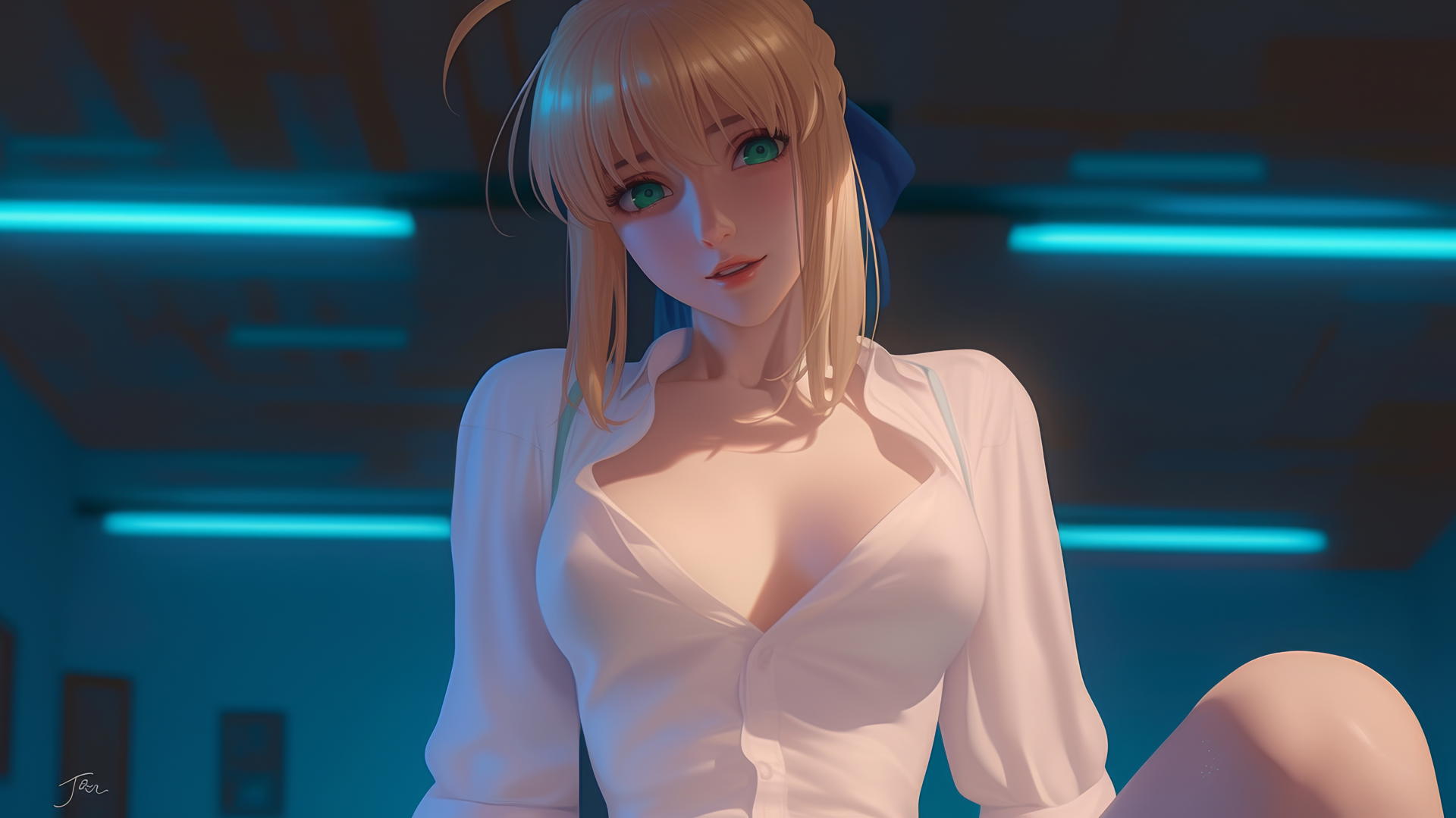 Saber from Fate Zero kneeling and leaning forward, warm light, green eyes