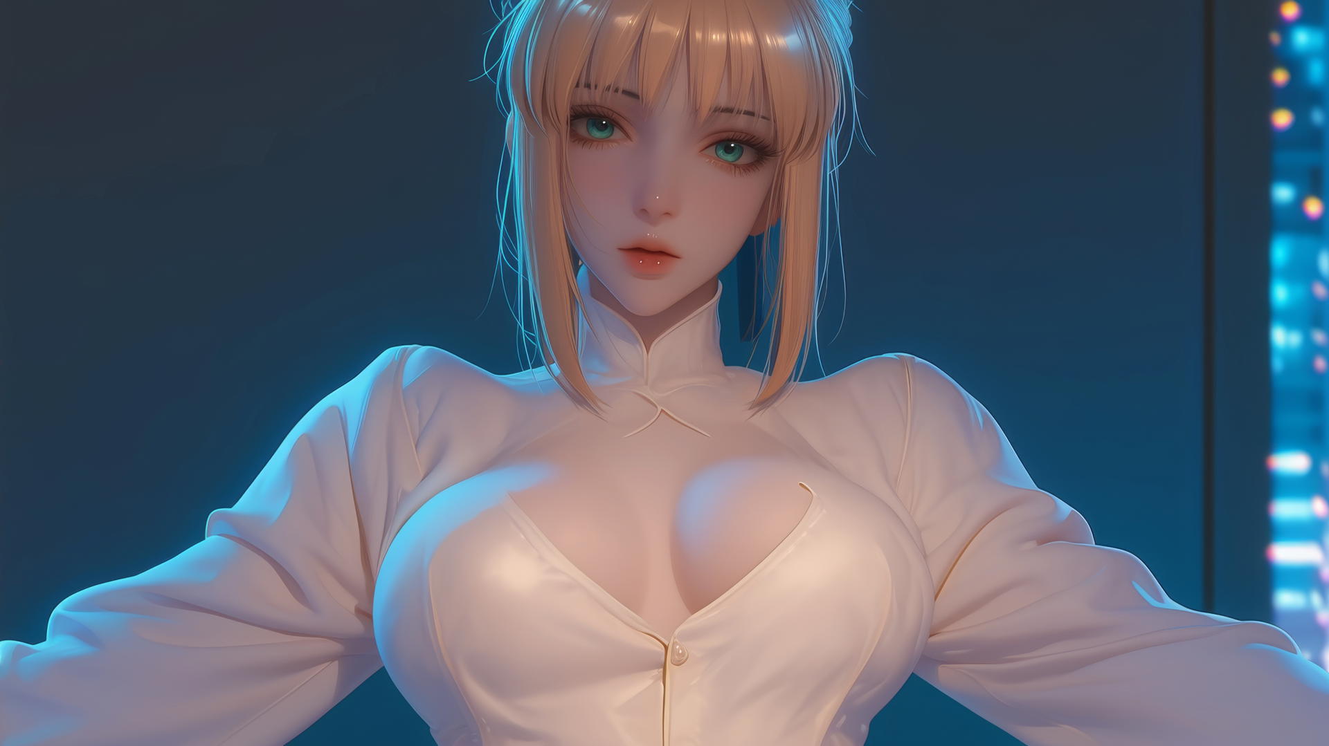 Saber from Fate Zero kneeling and leaning, with green eyes and ceiling background.