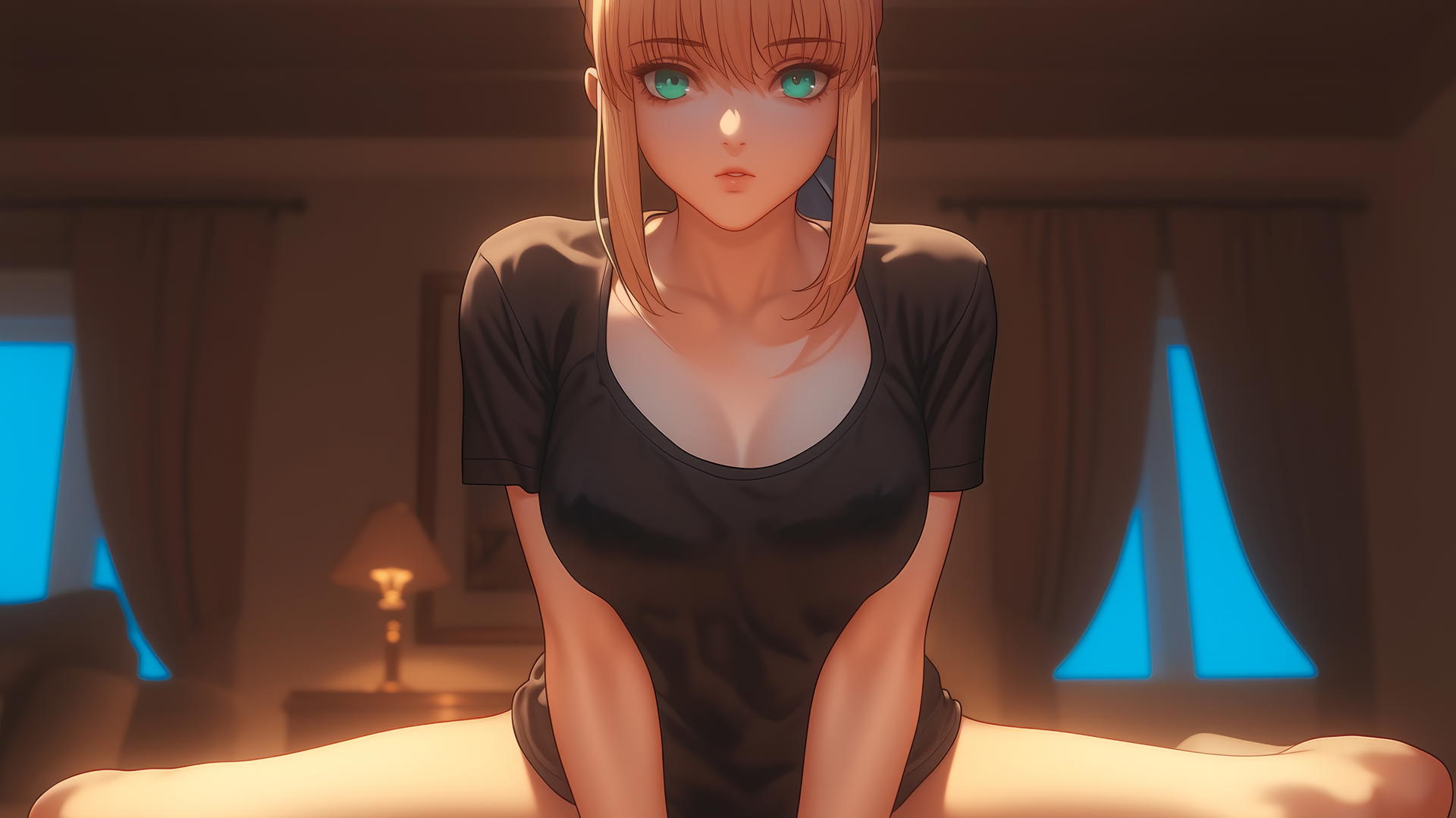 Saber from Fate Zero kneeling and leaning forward with green eyes under warm light and ceiling background