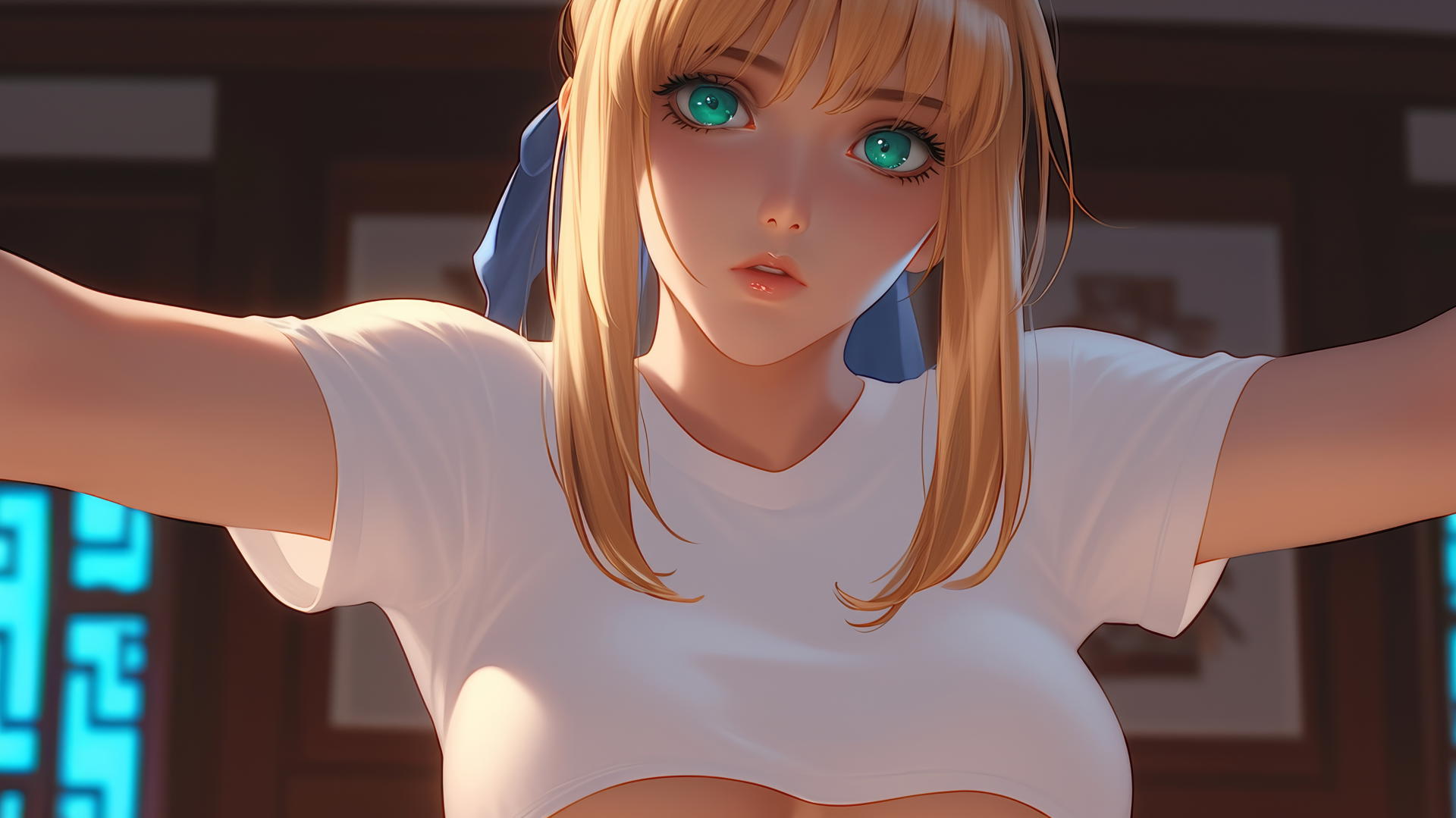 Saber from Fate Zero kneeling and leaning forward with a warm glow in the background.