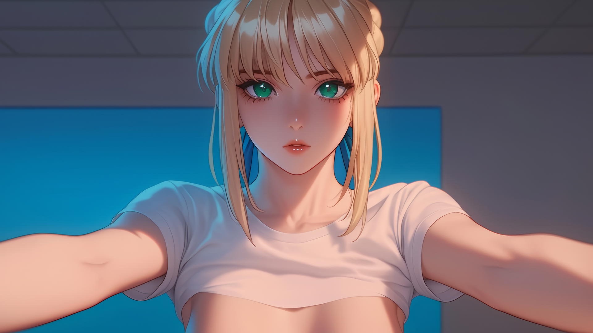 Saber from Fate Zero kneeling and leaning down with green eyes