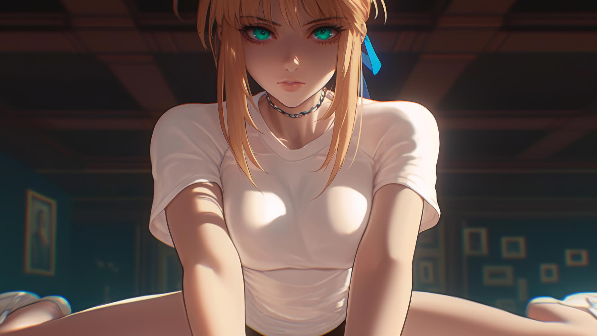 Saber from Fate Zero, kneeling and leaning forward with warm light and ceiling background.