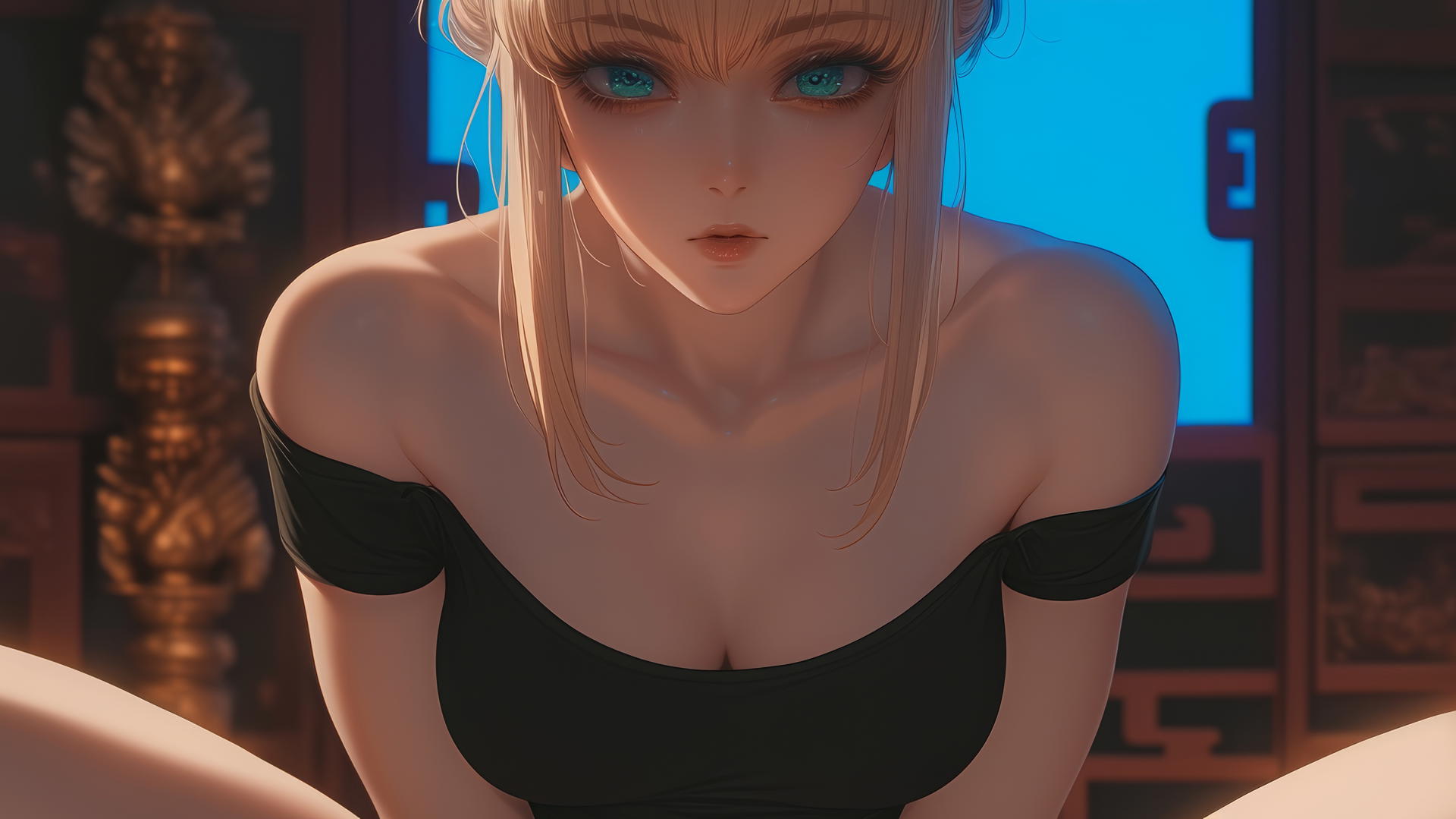 Saber from Fate Zero kneeling and leaning forward with green eyes in warm light