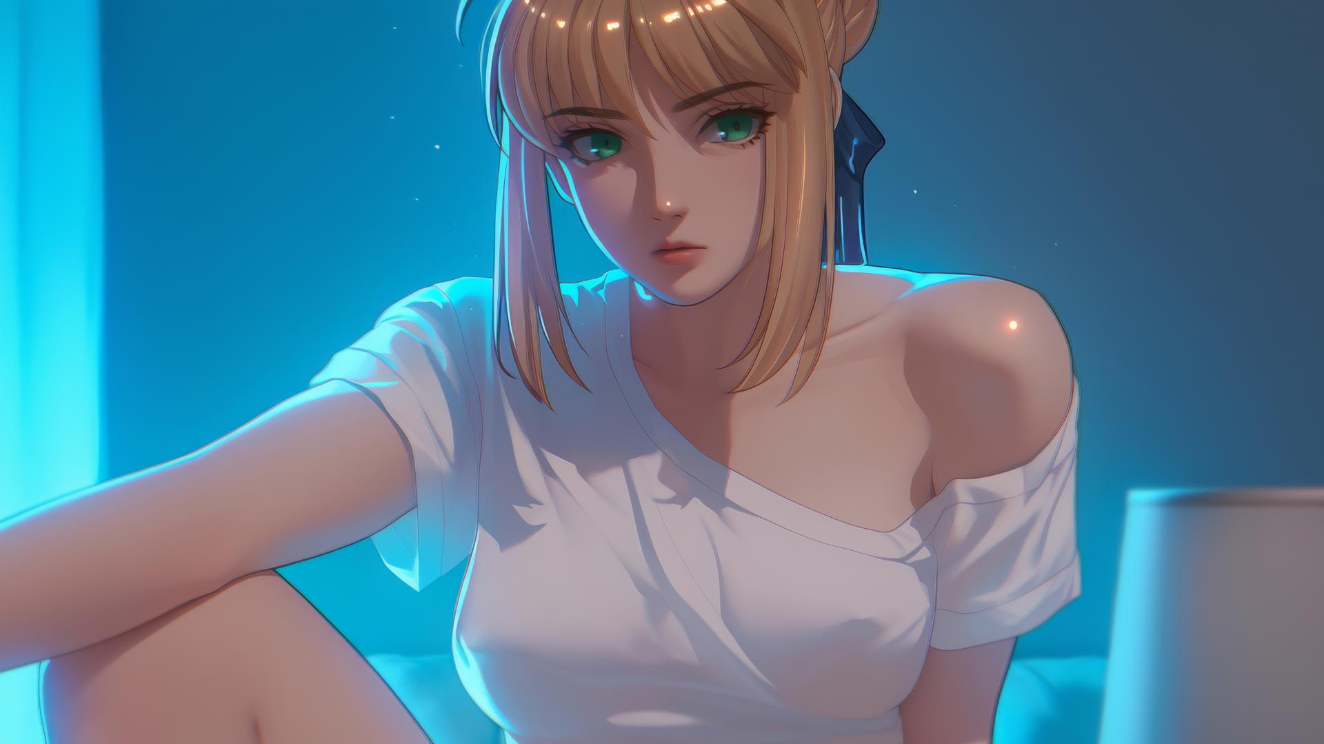Saber from Fate Zero kneeling and leaning forward with green eyes under warm light.