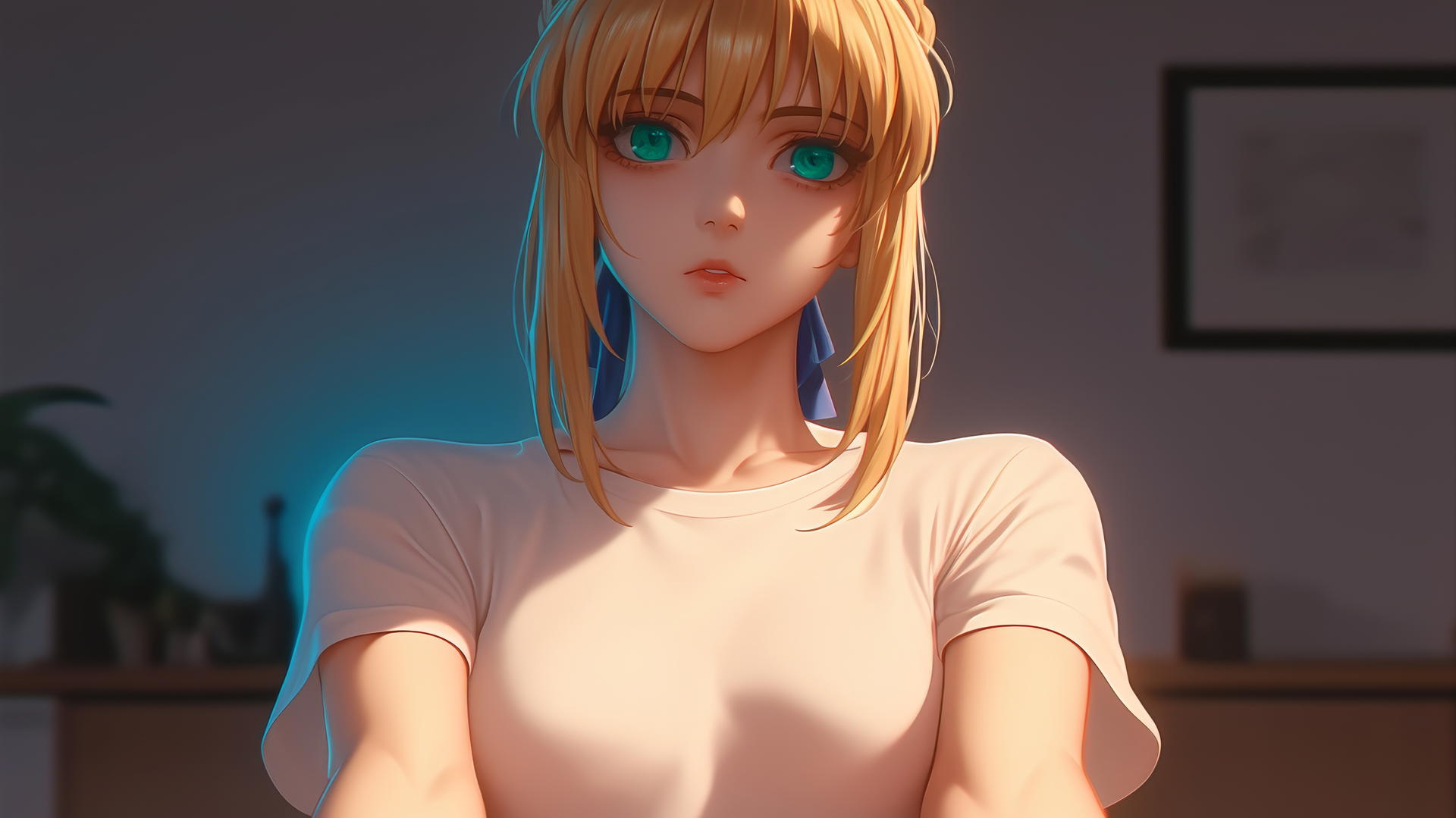 Saber from Fate Zero kneeling and leaning forward, seen from below with green eyes and a ceiling background.