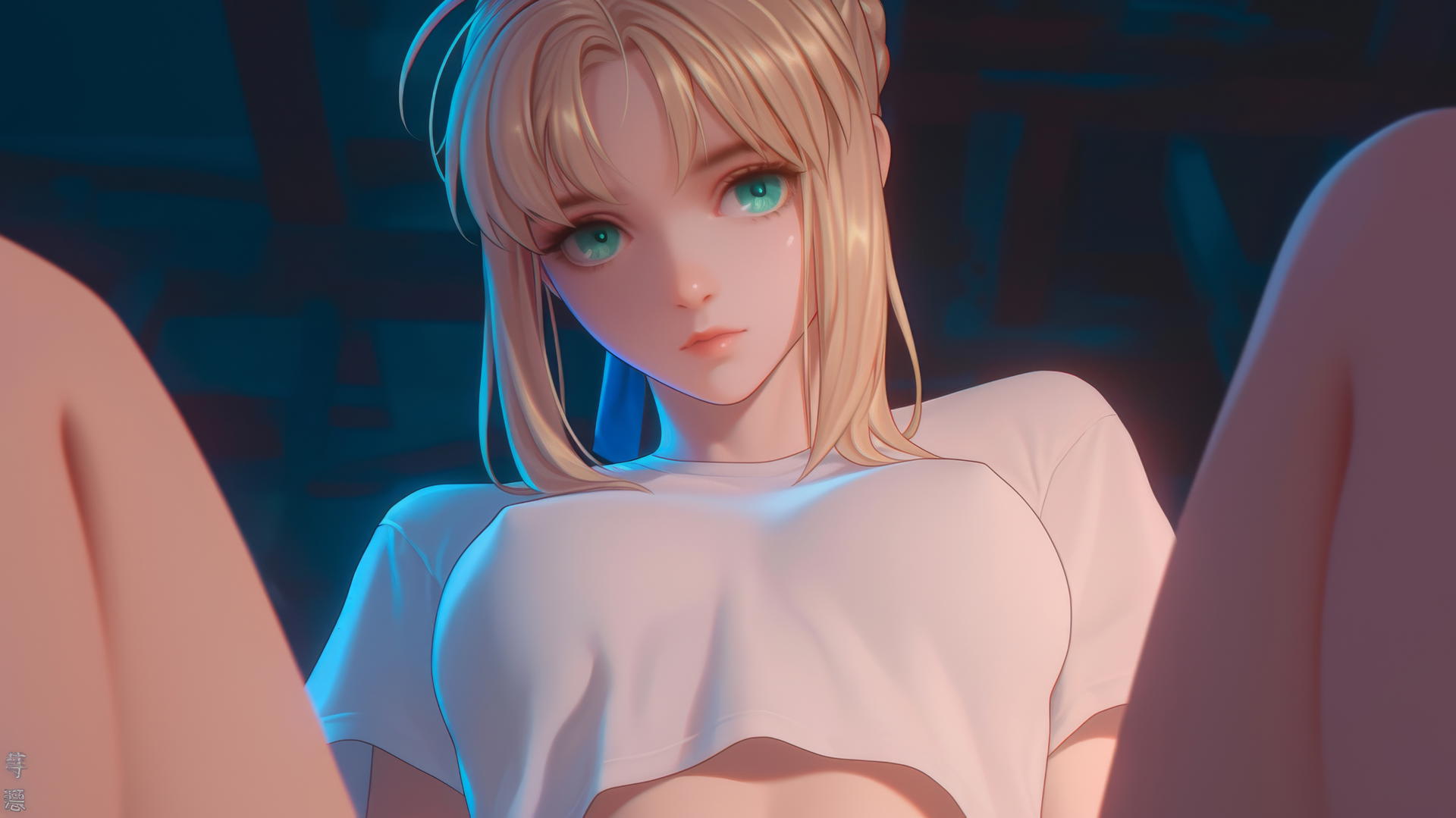 Saber from Fate Zero kneeling, leaning with green eyes, warm light, ceiling background