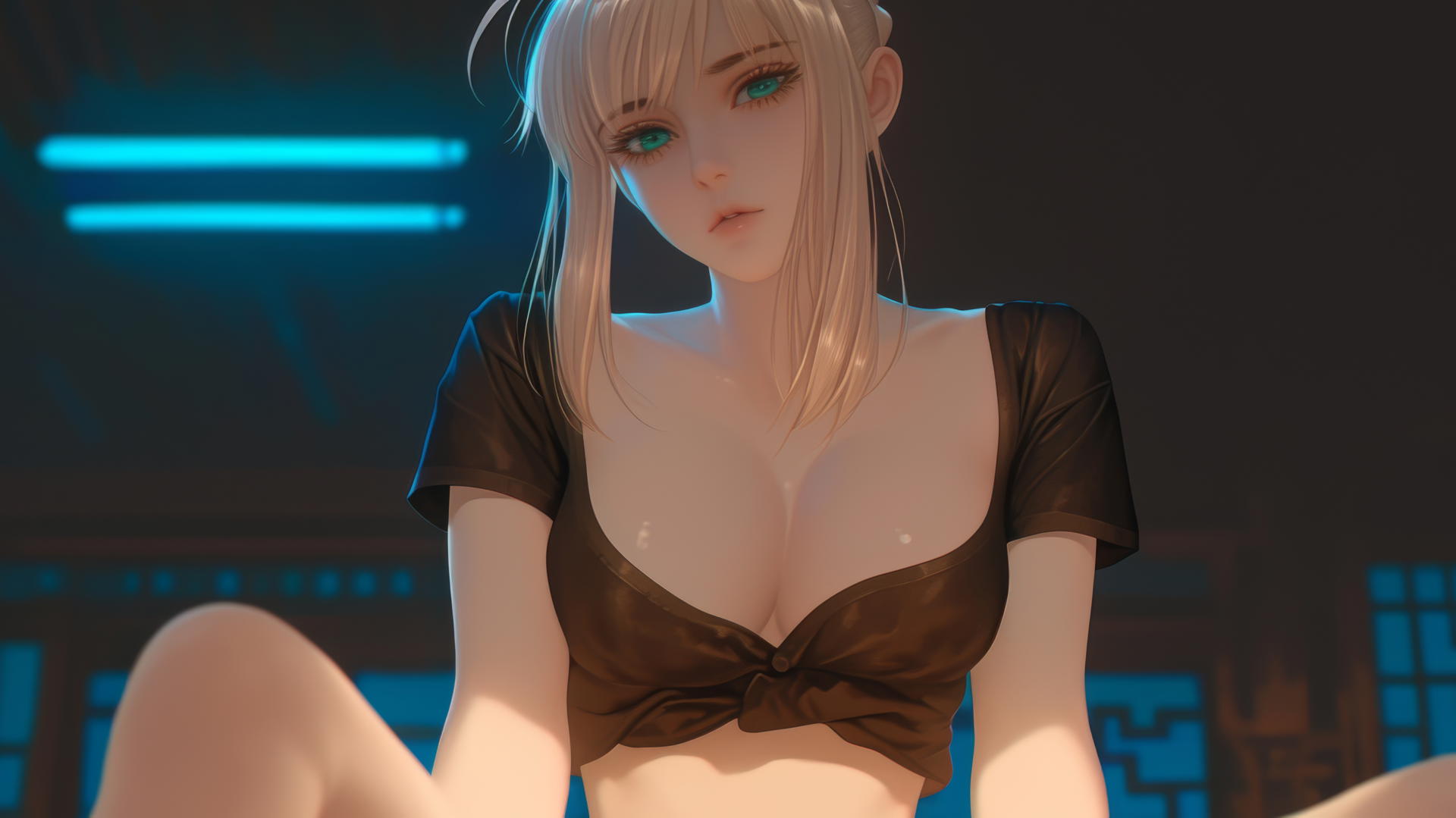 Saber from Fate Zero kneeling, leaning toward viewer, green eyes gazing downward.