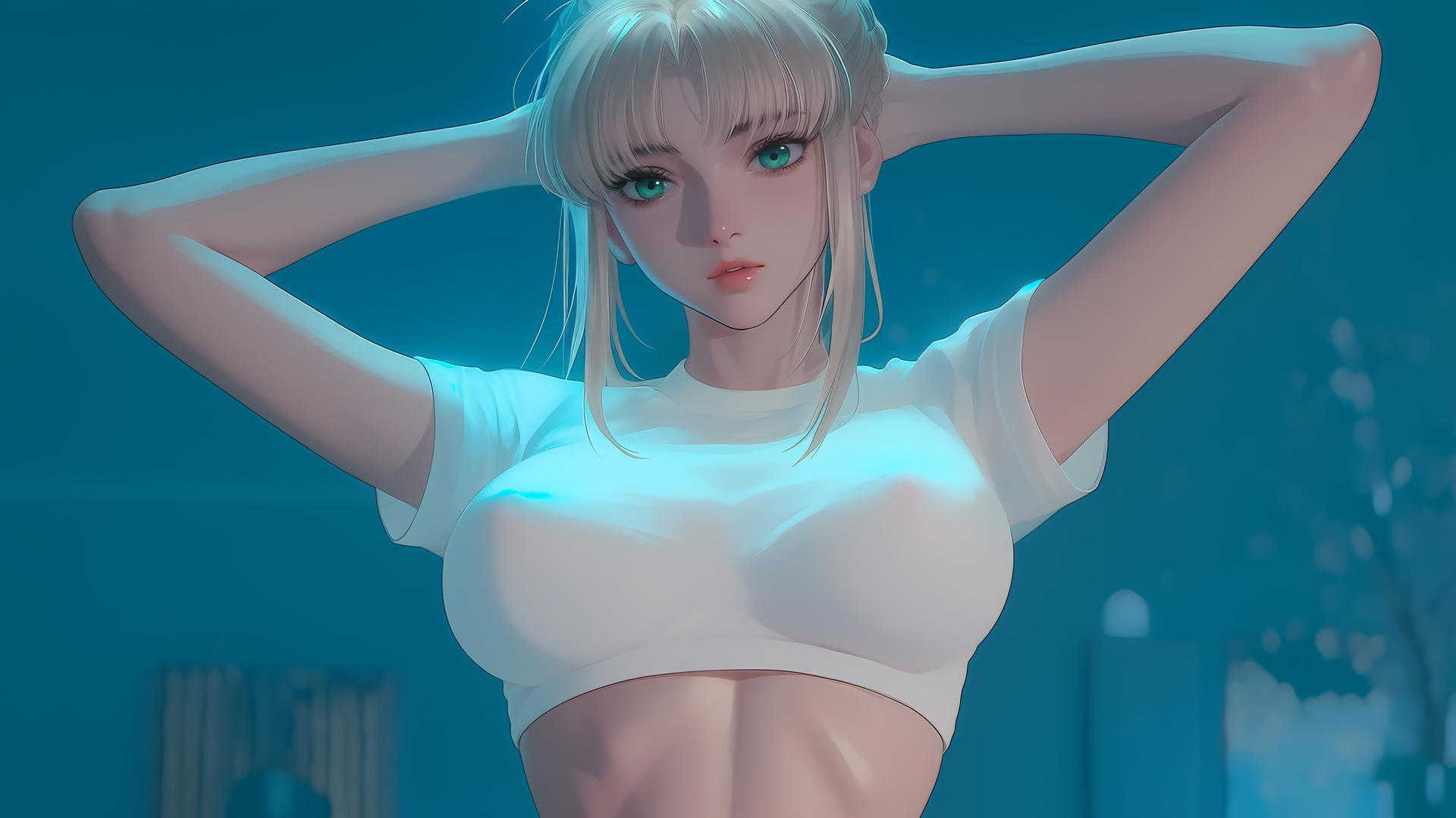 Saber from Fate Zero kneeling and leaning forward, seen from below, with soft warm light and a ceiling in the background.