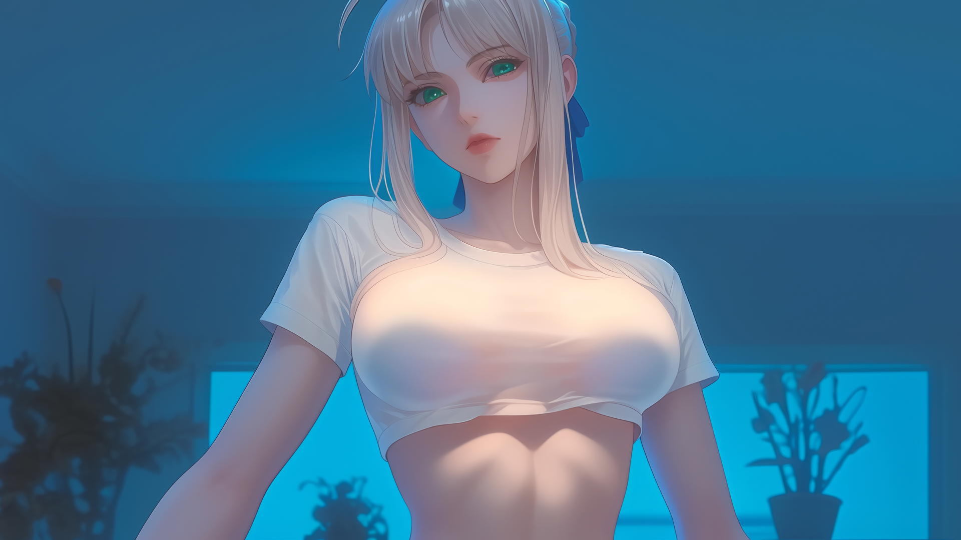 Saber from Fate Zero kneeling and leaning forward, seen from below with green eyes.