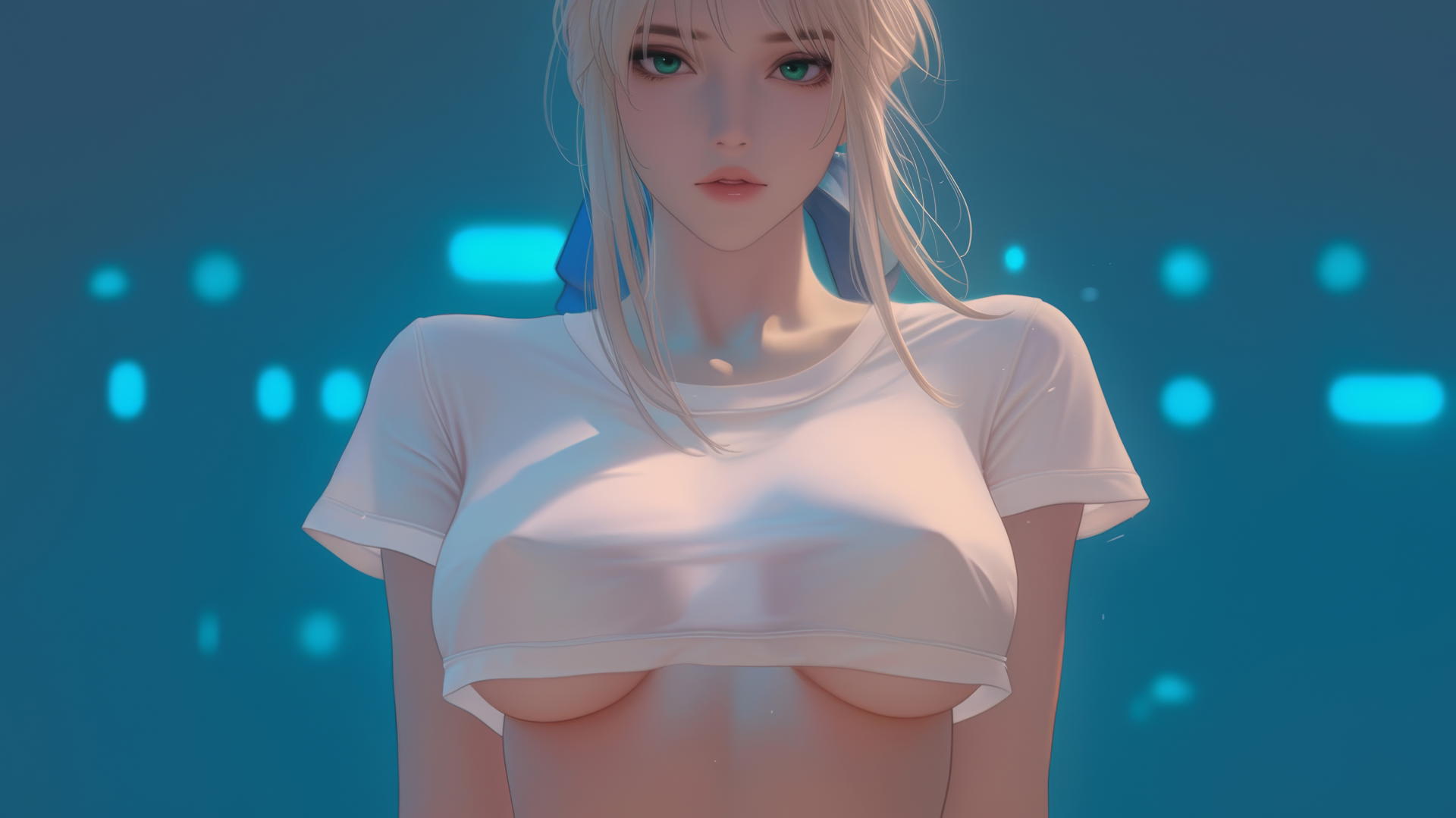 Saber from Fate Zero kneeling and leaning forward, seen from below, with green eyes and a ceiling in the background.