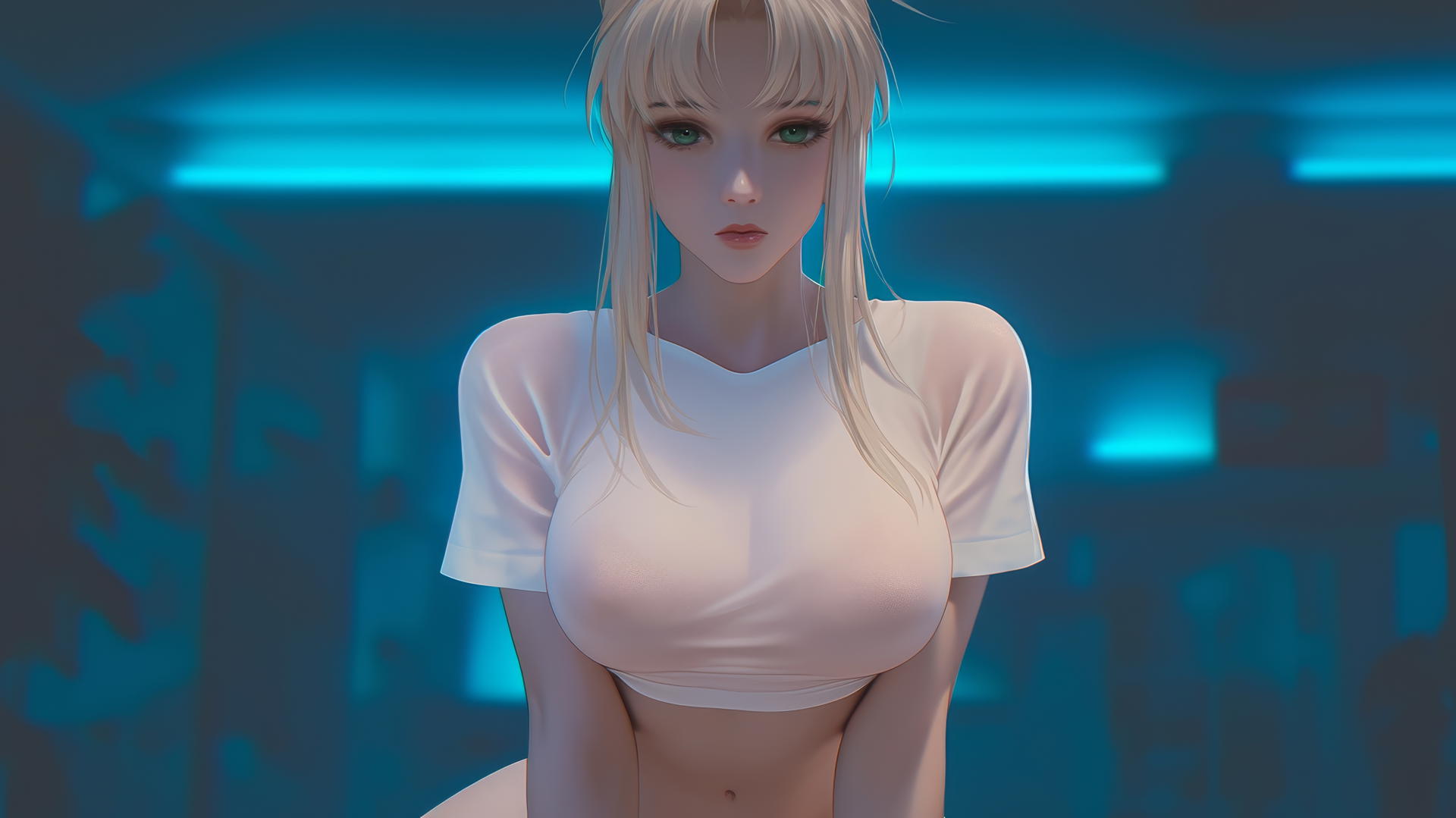 Saber from Fate Zero kneeling, leaning forward, looking down with green eyes, ceiling background
