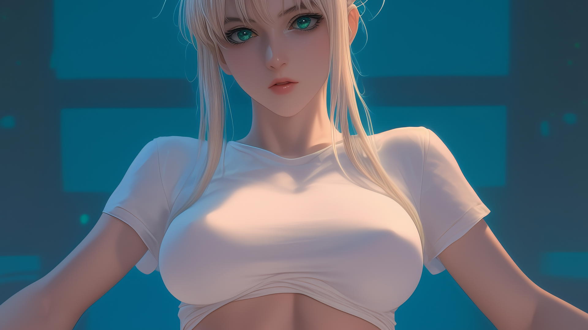Saber from Fate Zero kneeling, leaning forward with green eyes, ceiling background