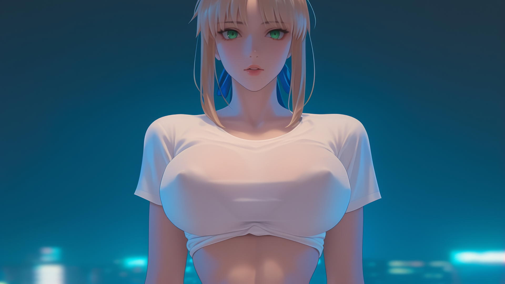 Saber from Fate Zero kneeling and leaning, green eyes, warm light