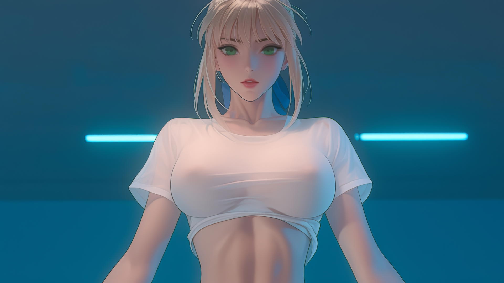 Saber from Fate Zero wearing a t-shirt, kneeling and leaning forward, seen from below with ceiling background.