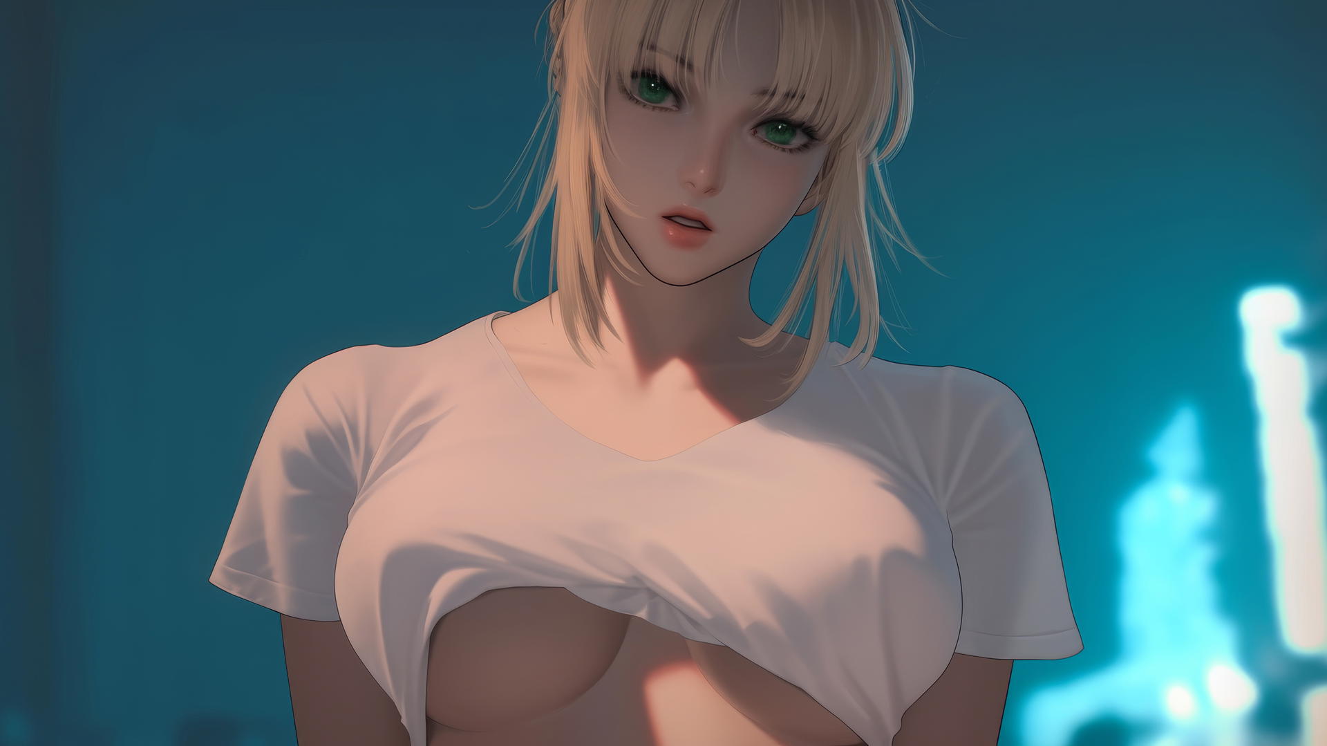 Saber from Fate Zero, green eyes, kneeling and leaning toward viewer with ceiling as background