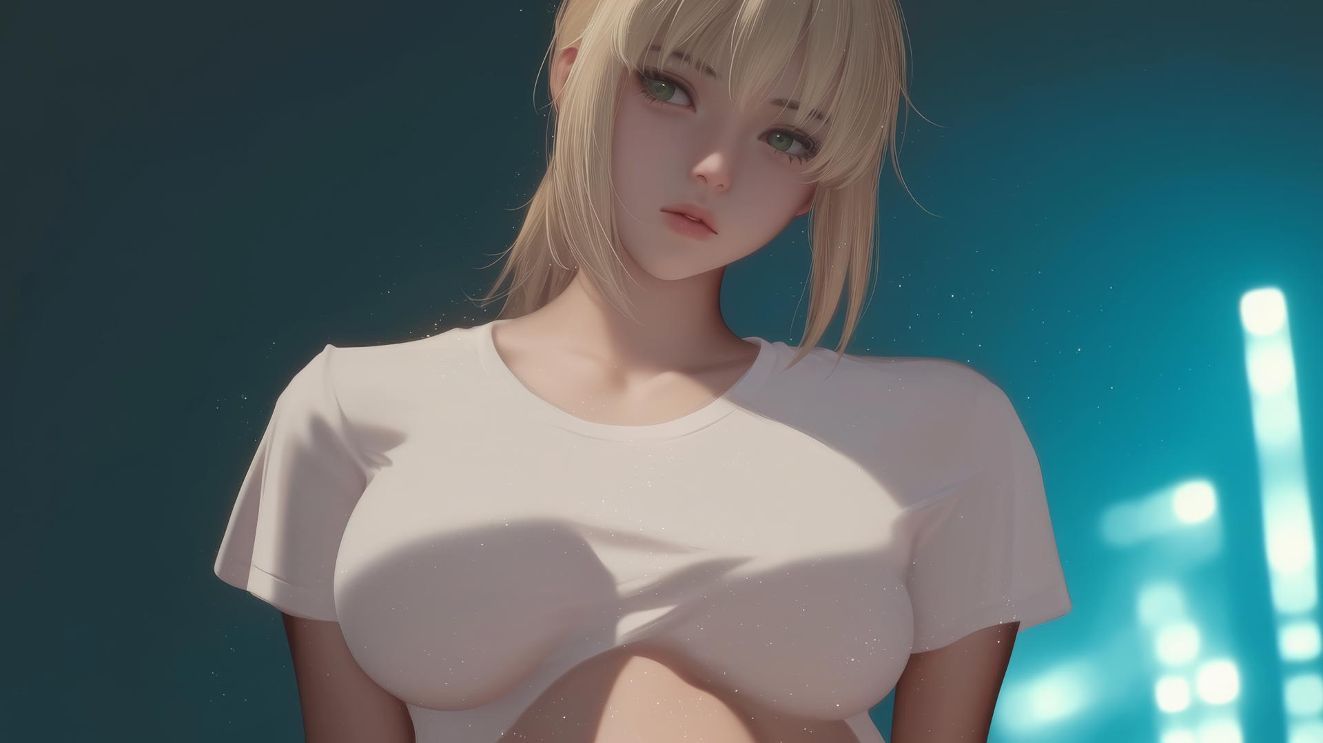 Saber from Fate Zero kneeling and leaning forward with green eyes, seen from below, warm light