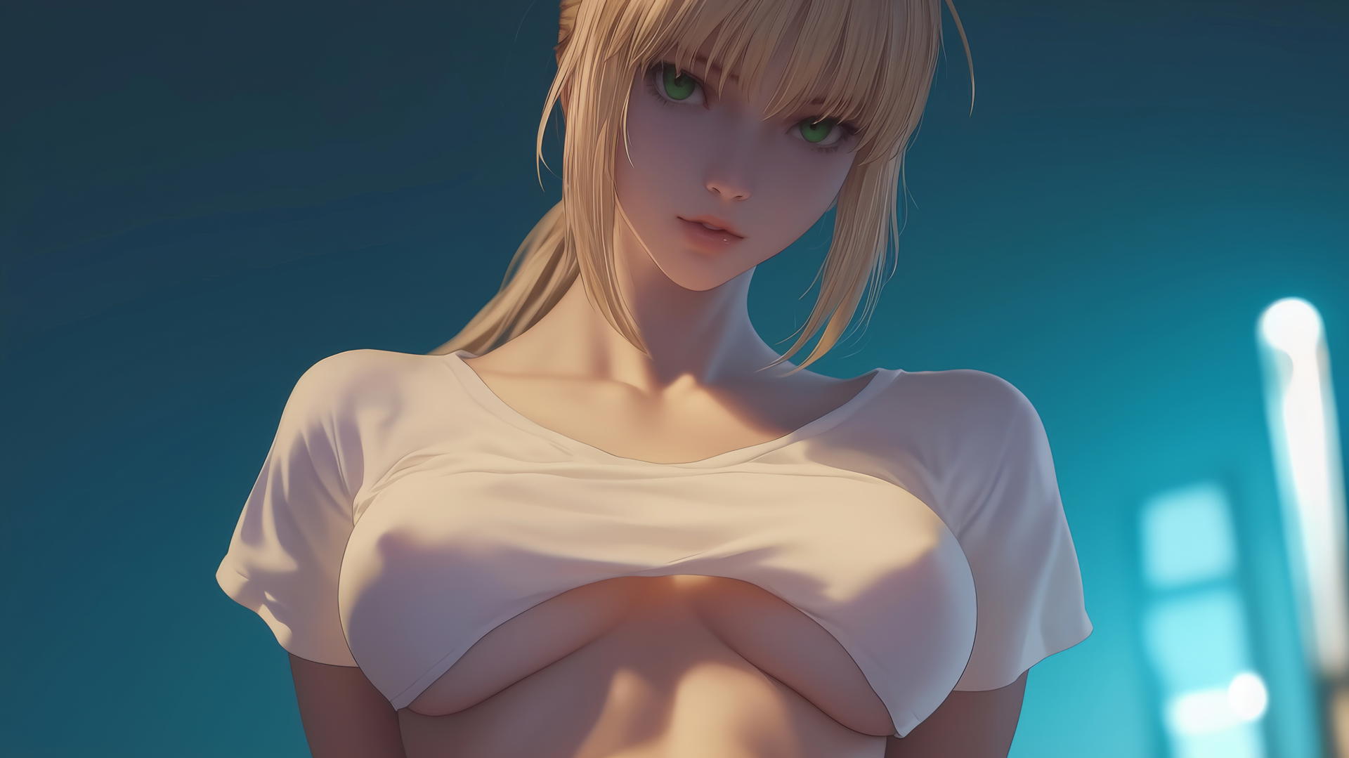 Saber from Fate Zero wearing a t-shirt, kneeling, and leaning forward with green eyes, ceiling in background.